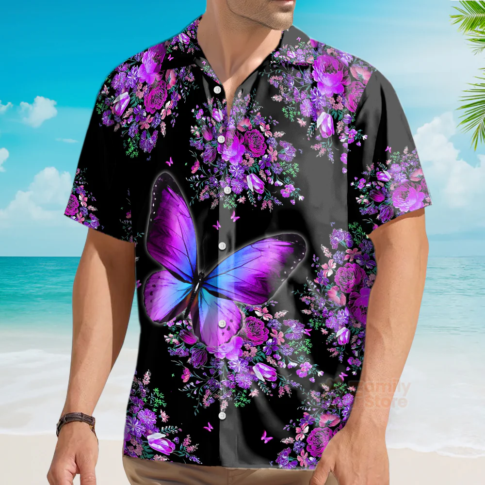Purple Beautiful Butterfly Flowers Aloha Hawaiian Shirts For Men, Women - Image 3