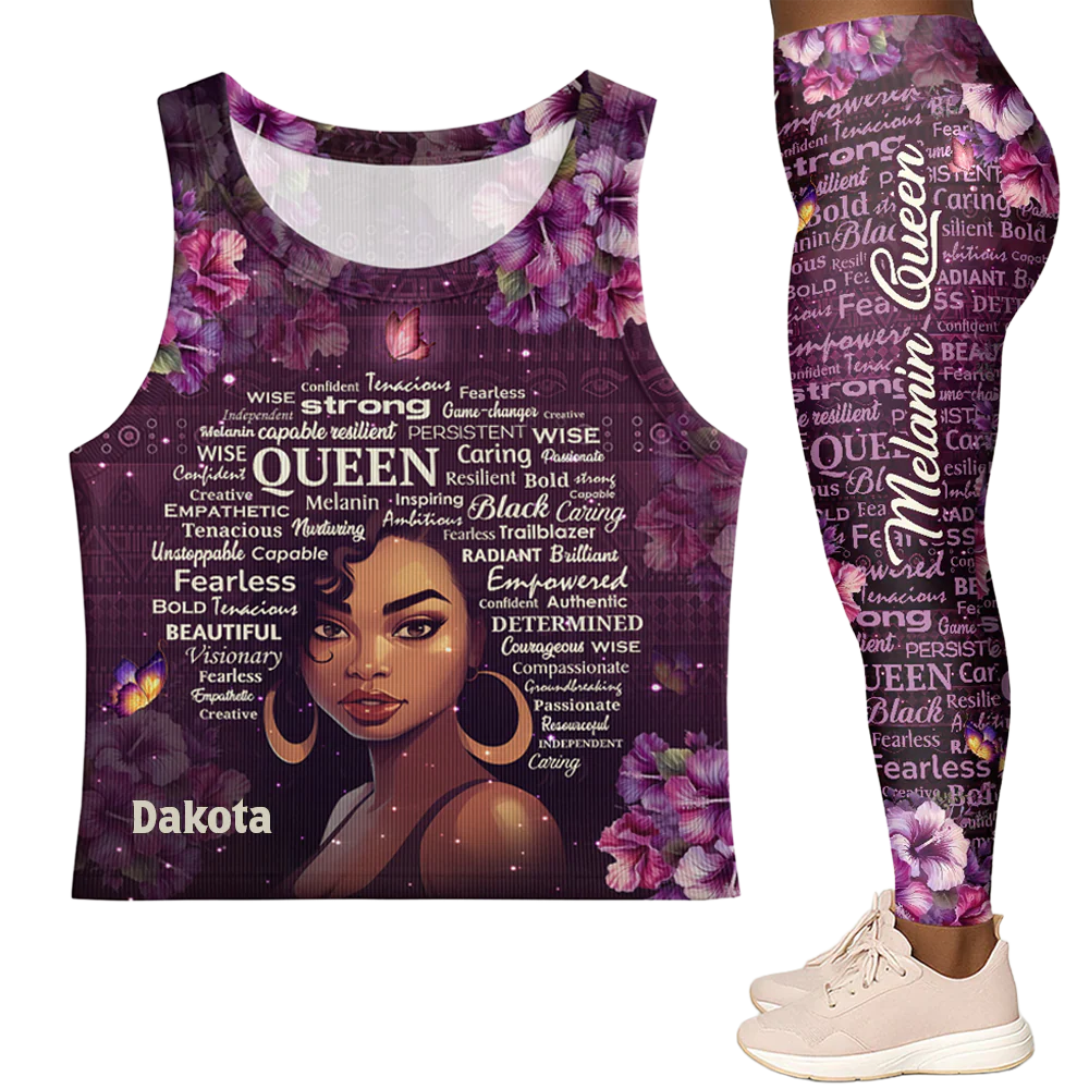 Purple Floral Black Queen - Personalized Leggings & Crop Tank - Gift For Women HD95