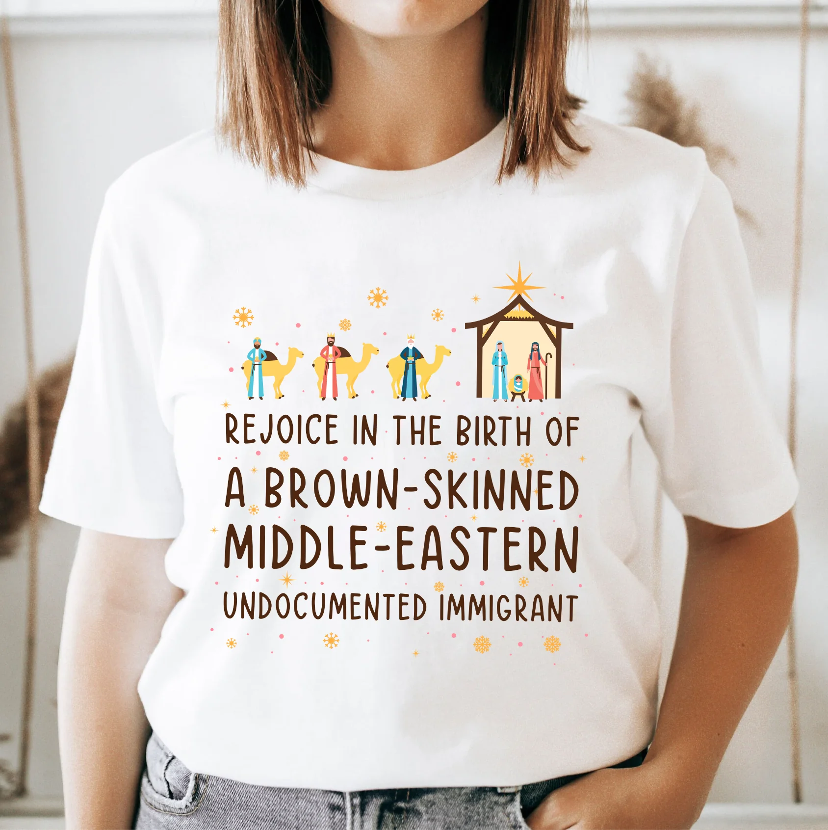 Rejoice In The Birth Of A Brown-Skinned Middle-Eastern Undocumented Immigrant Book Lovers Gift T-Shirt - Image 3