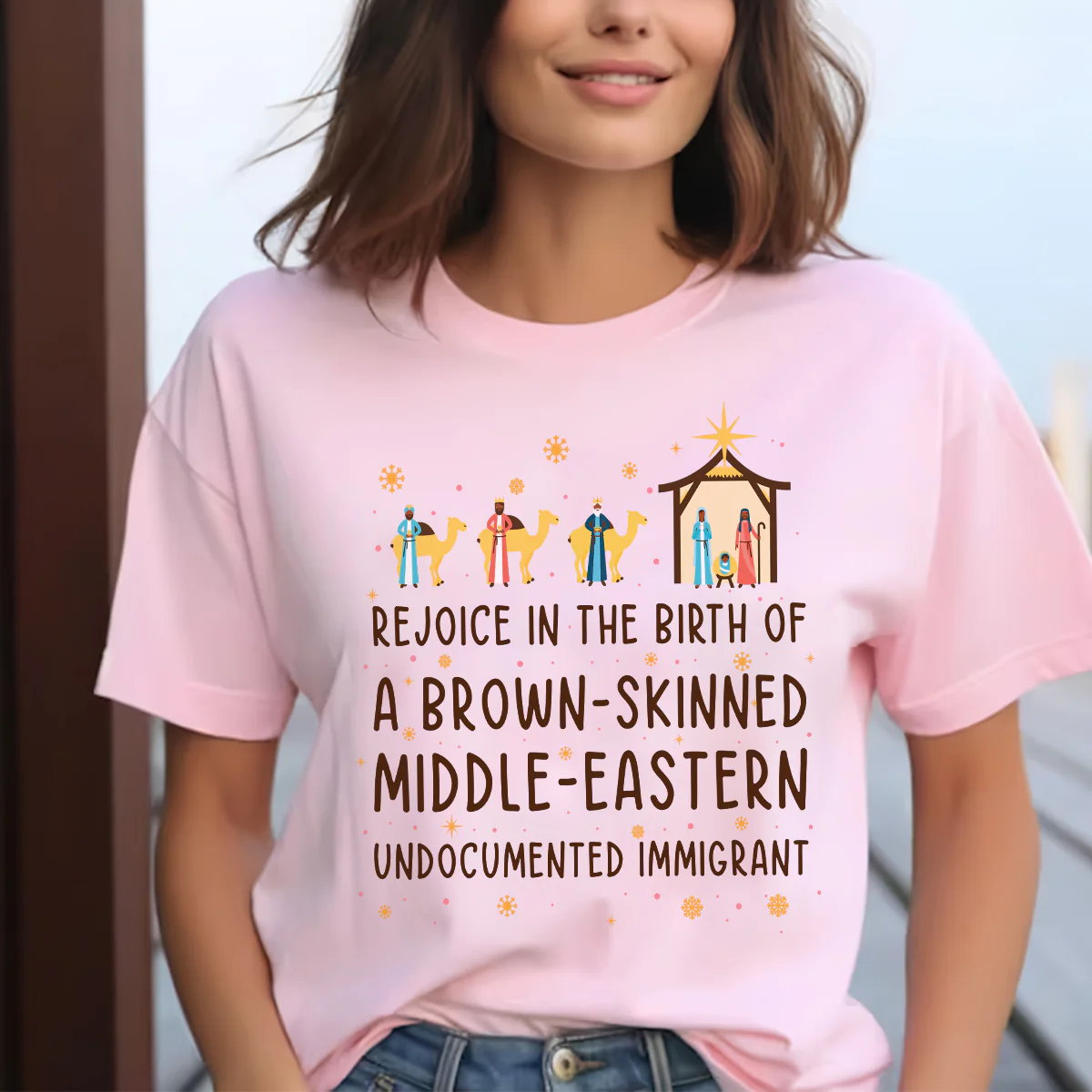 Rejoice In The Birth Of A Brown-Skinned Middle-Eastern Undocumented Immigrant Book Lovers Gift T-Shirt - Image 6