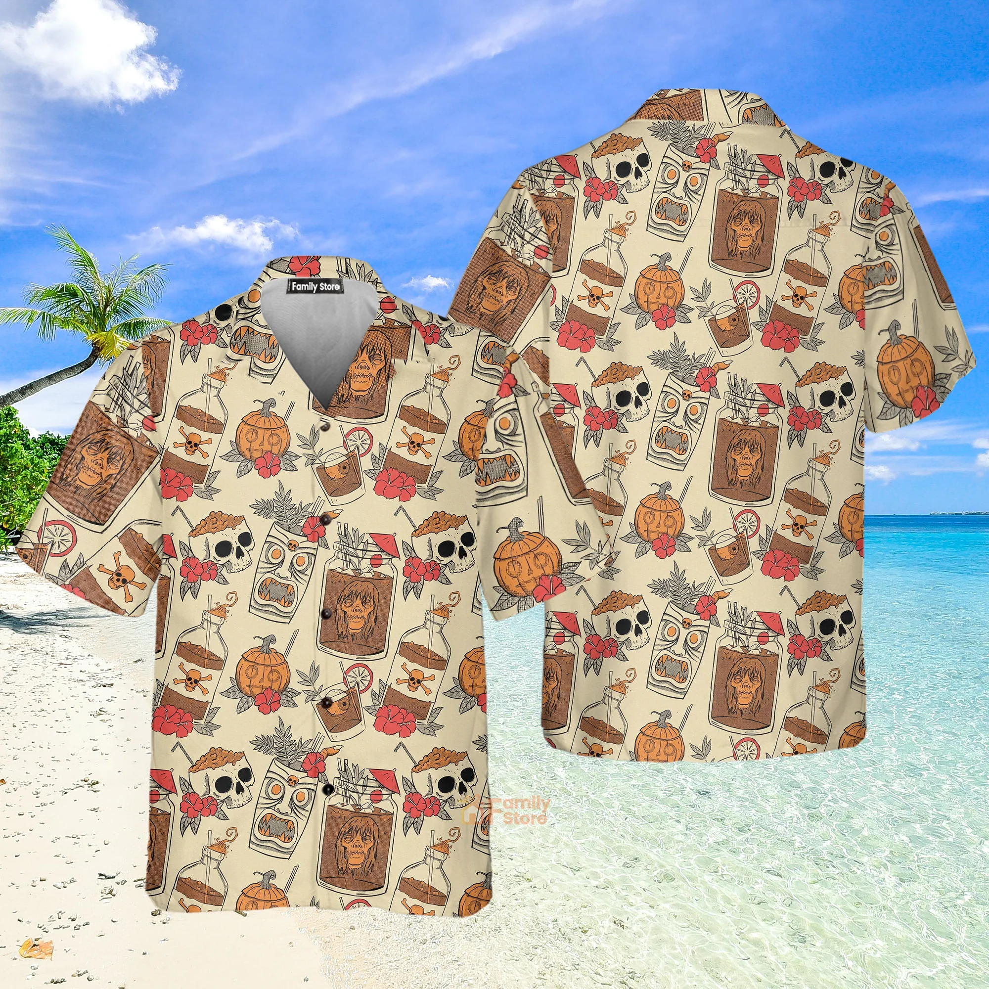 Retro Drink Tiki Skull Print Short Sleeve Shirt Casual Hawaiian Aloha Shirt - Image 3