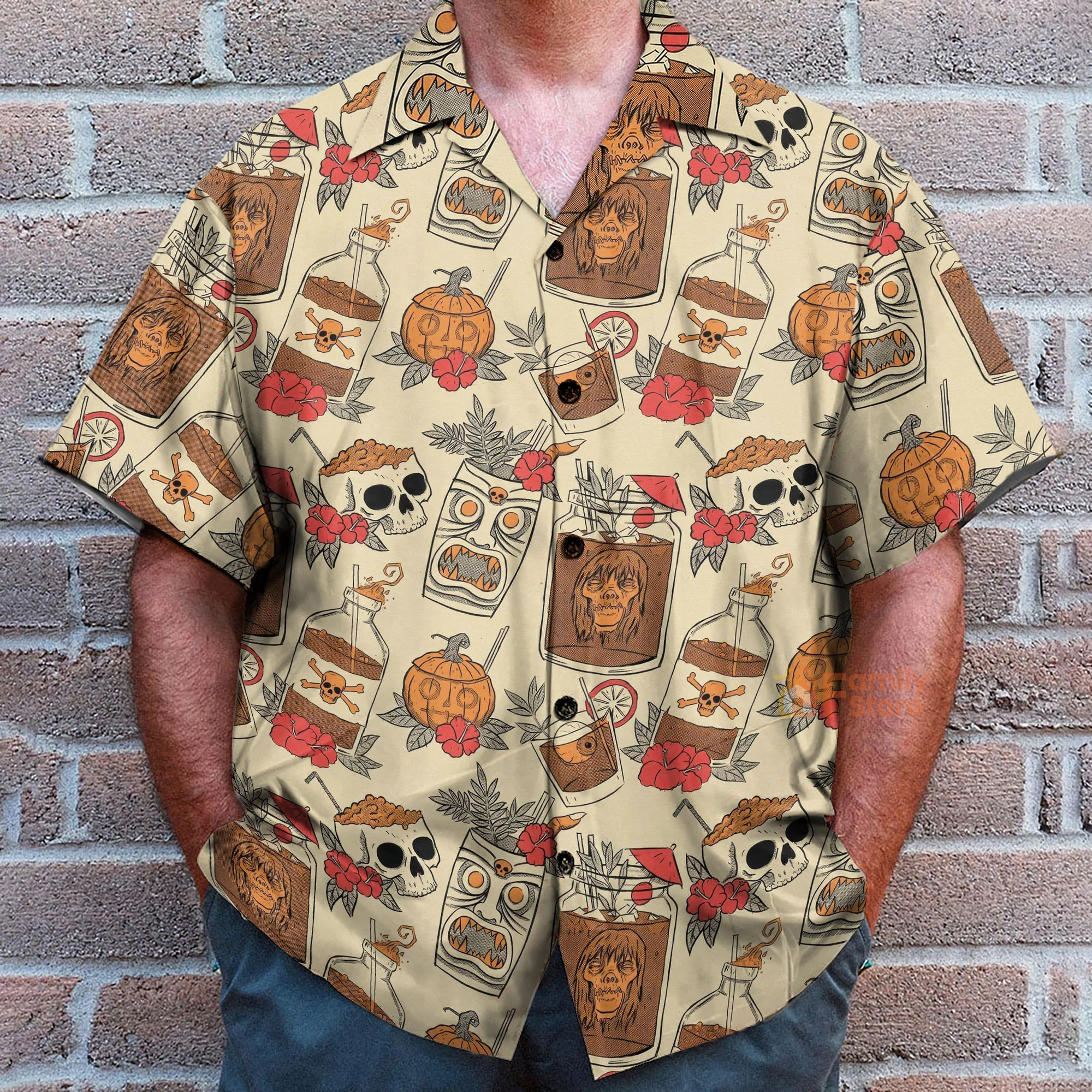 Retro Drink Tiki Skull Print Short Sleeve Shirt Casual Hawaiian Aloha Shirt - Image 4