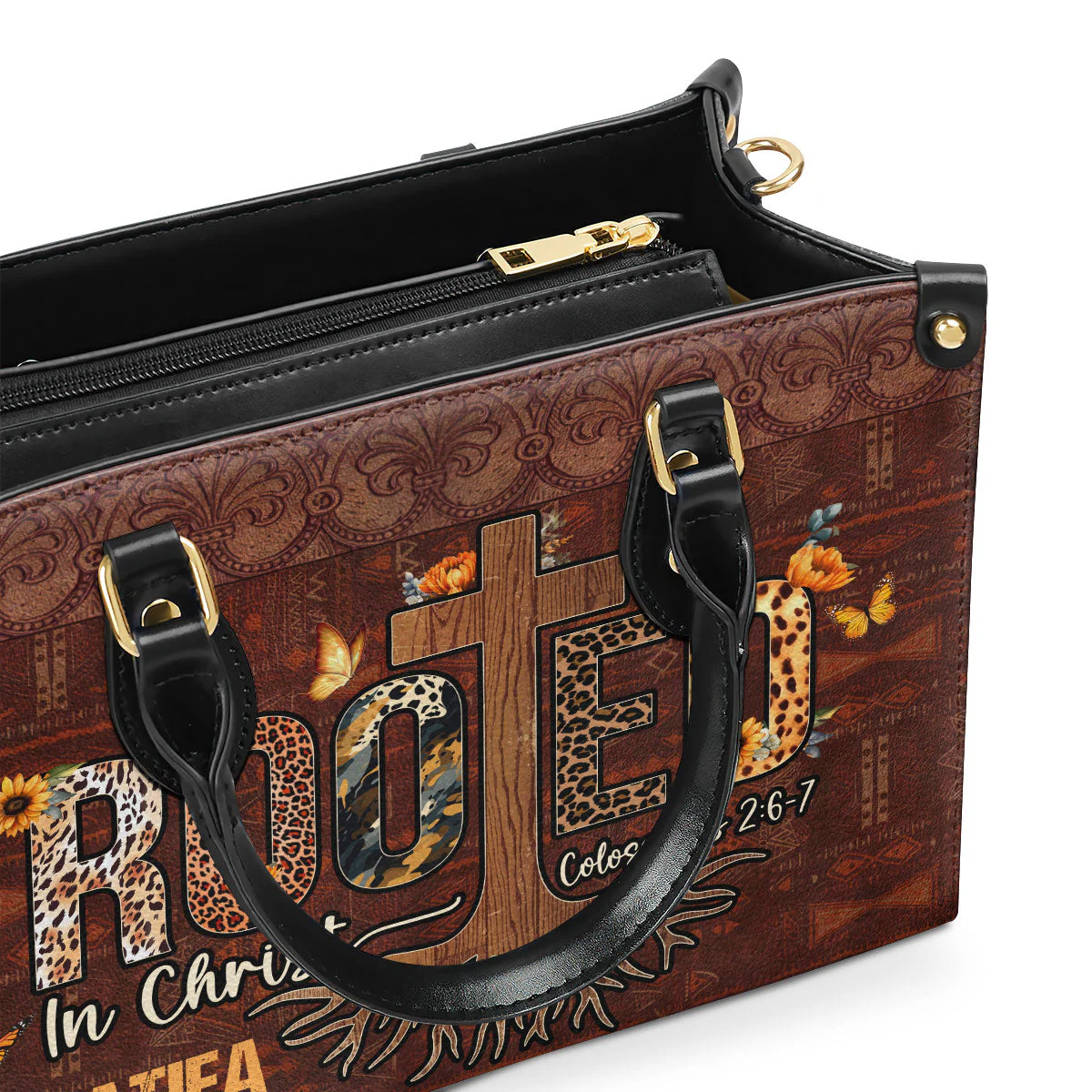Rooted In Christ Cross Colossians 2:6-7 - Personalized African Leather Handbag - Christian Gift For Her | HD95 - Image 3