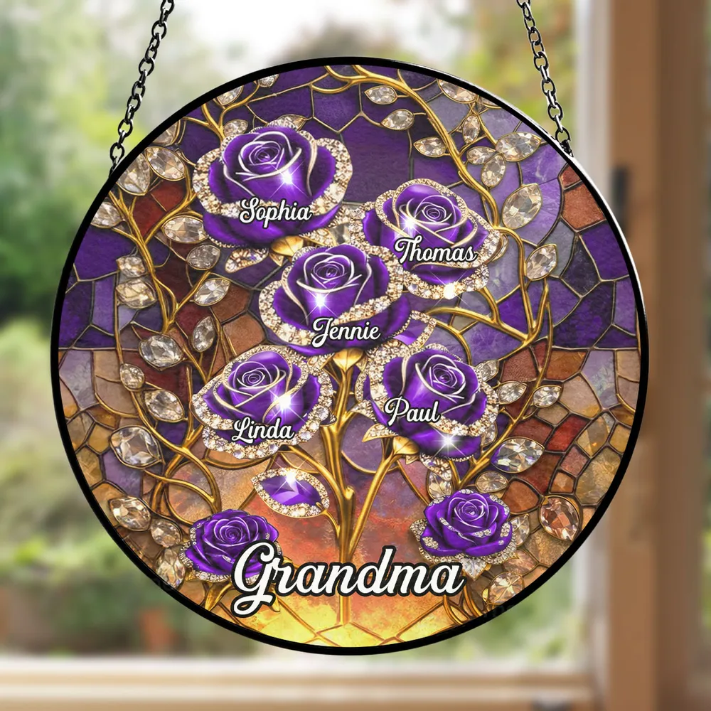 Rose Flower Grandma - Personalized Window Hanging Suncatcher - Gift For Mom, Grandma HN02