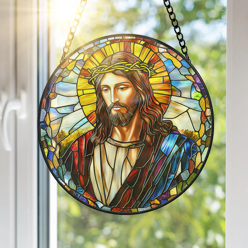 Sacred Jesus Suncatcher - Stained Glass Window Hanging - Christmas Gift For Christian HH01