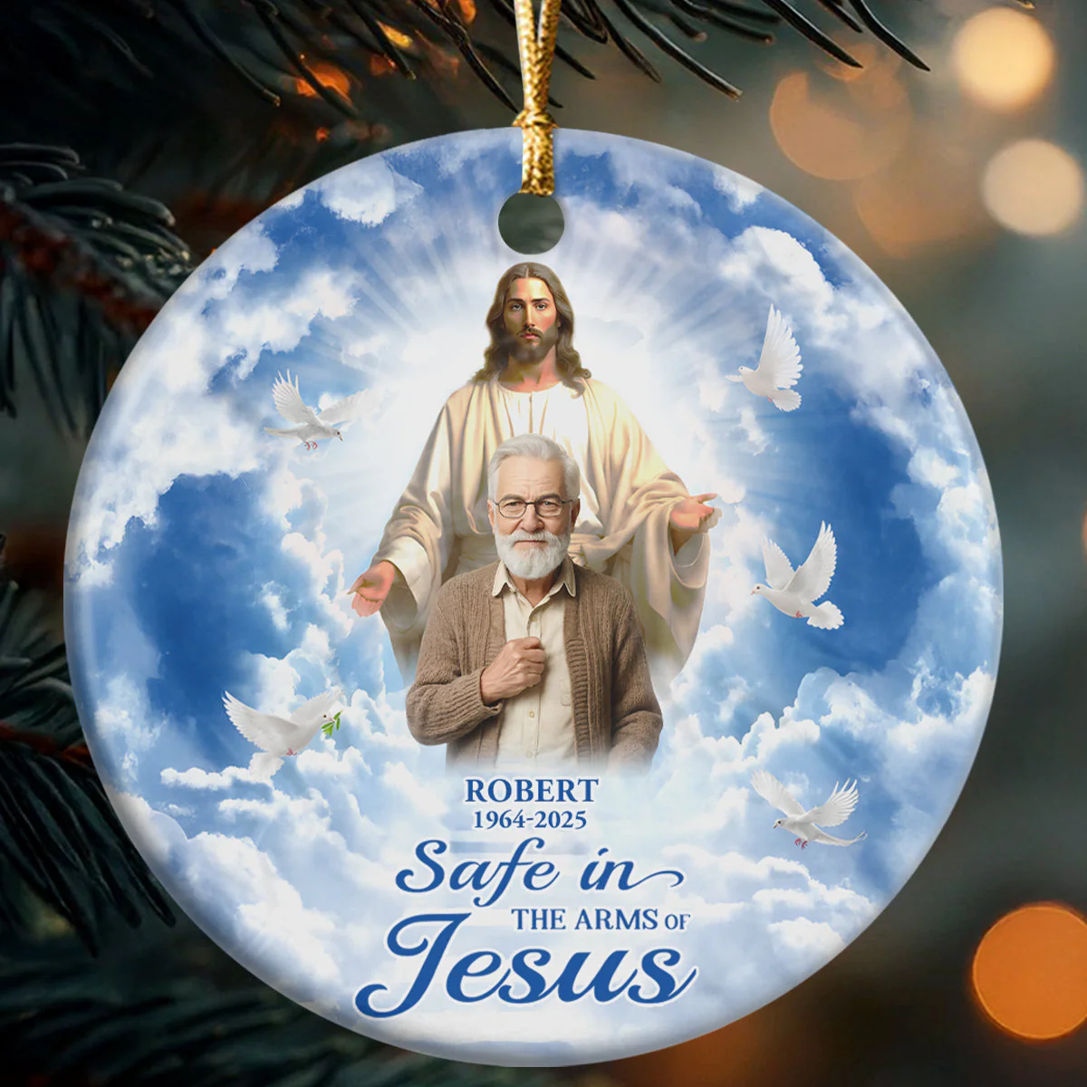 Safe In The Arms Of Jesus - Personalized Custom Photo Ceramic Ornament - Memorial Gift NL122
