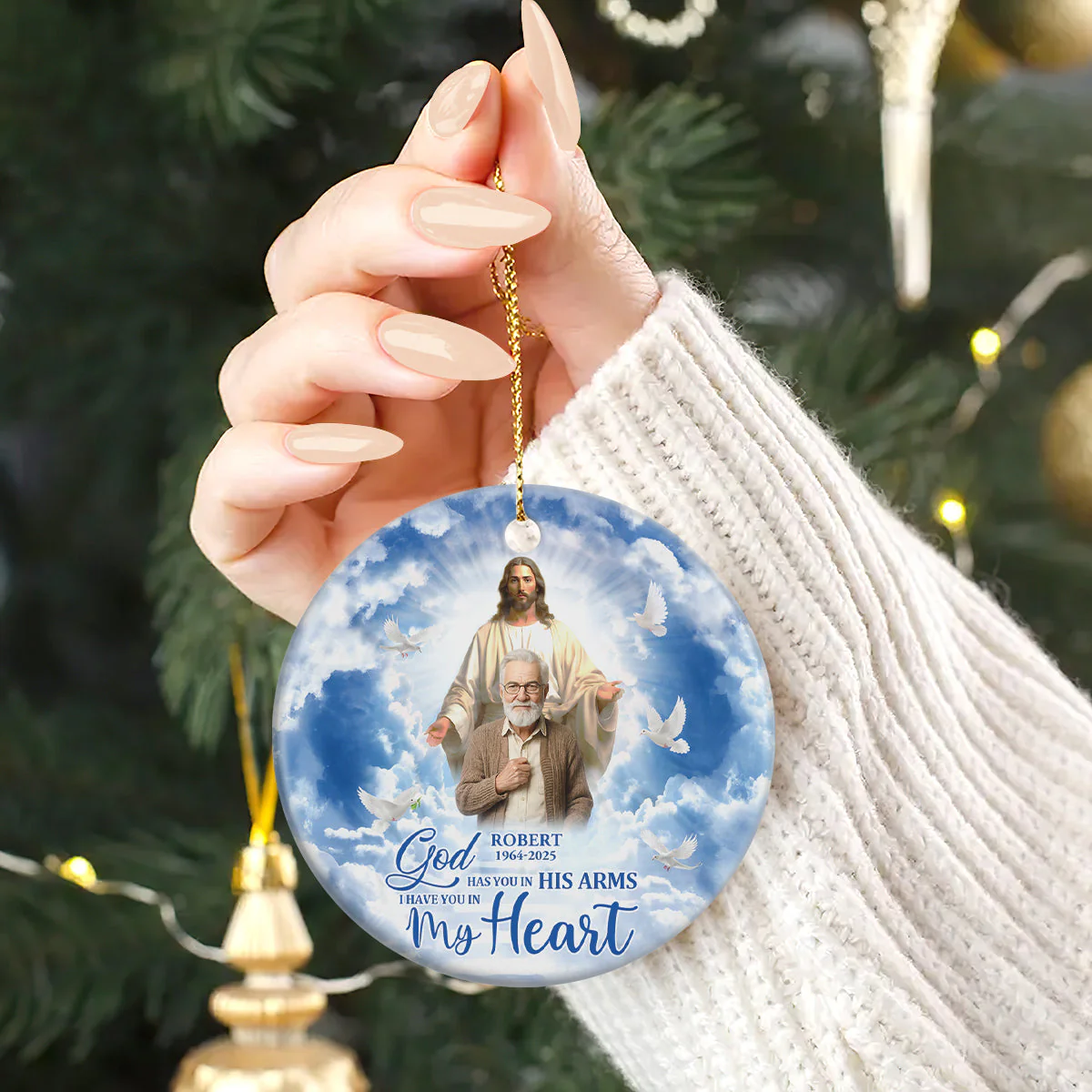 Safe In The Arms Of Jesus - Personalized Custom Photo Ceramic Ornament - Memorial Gift NL122 - Image 2