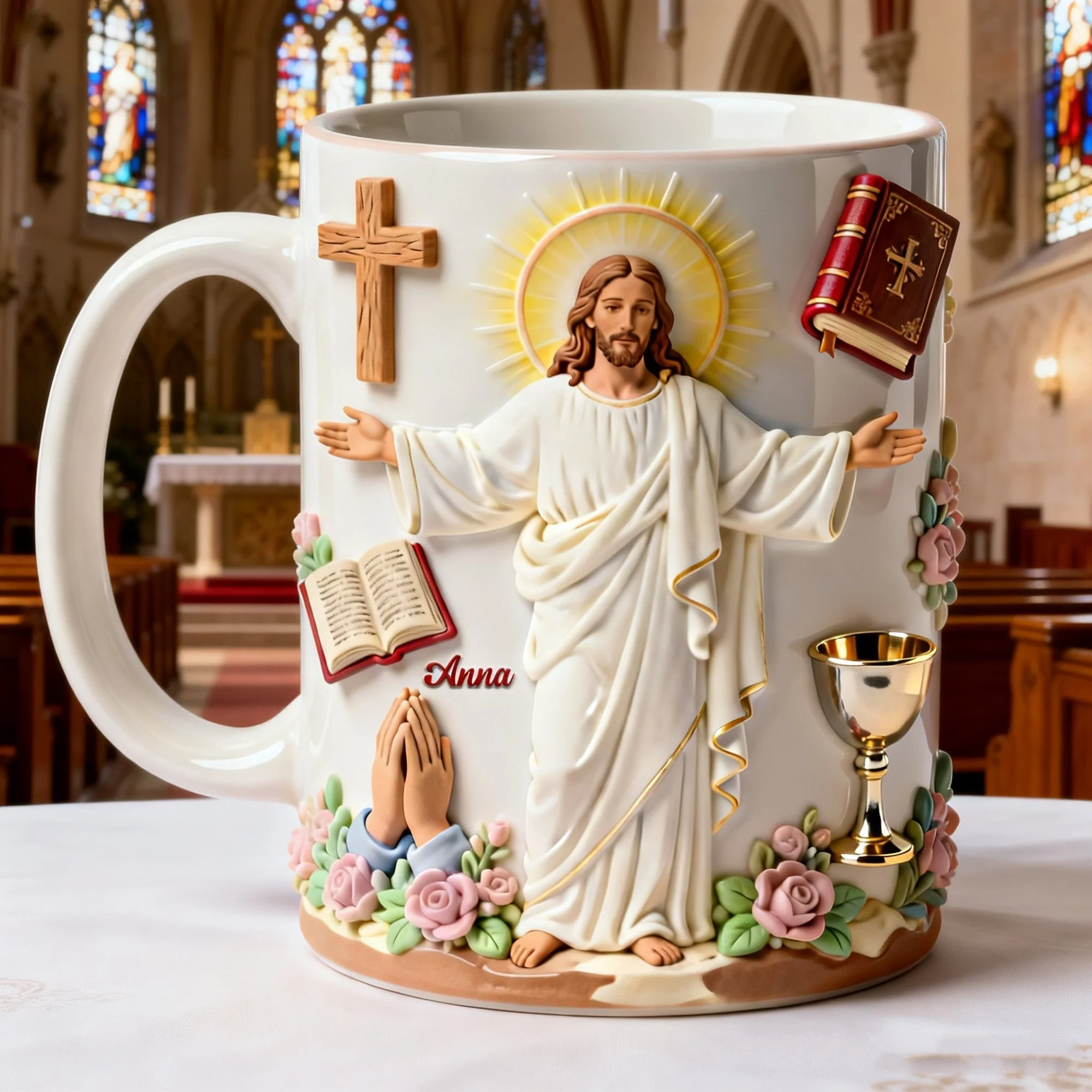 Safe In The Arms Of Jesus- Personalized White Edge-to-Edge Mug - Gift For Christians HH01