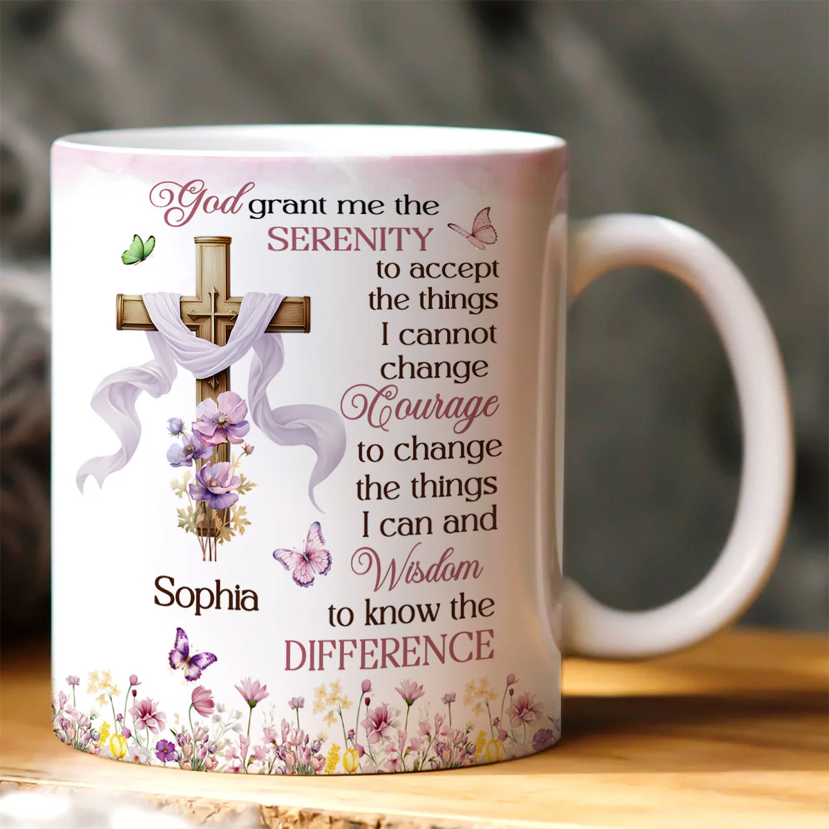 Serenity Prayer with Cross & Flowers - Personalized White Edge-to-Edge Mug - Christian Gift