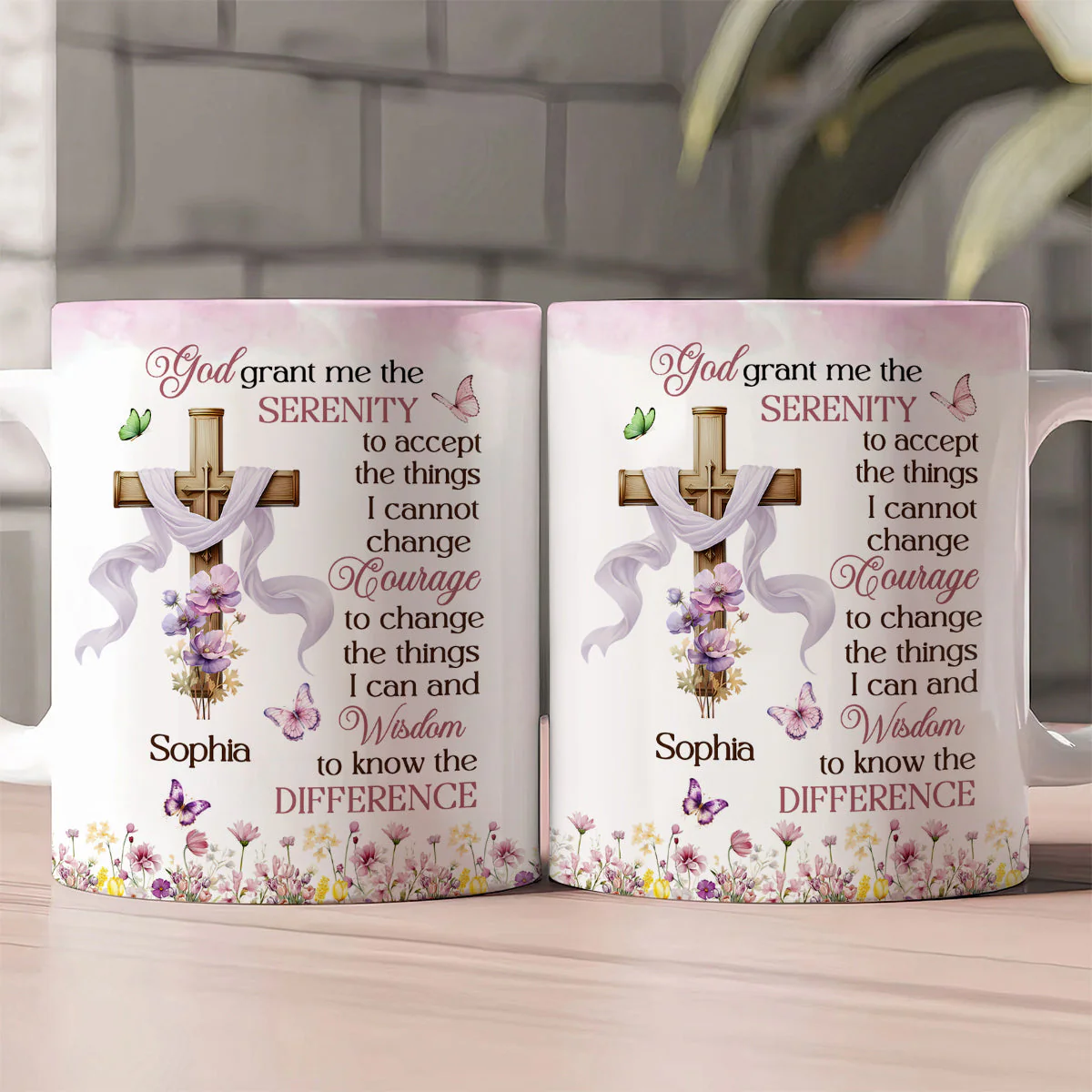 Serenity Prayer with Cross & Flowers - Personalized White Edge-to-Edge Mug - Christian Gift - Image 2