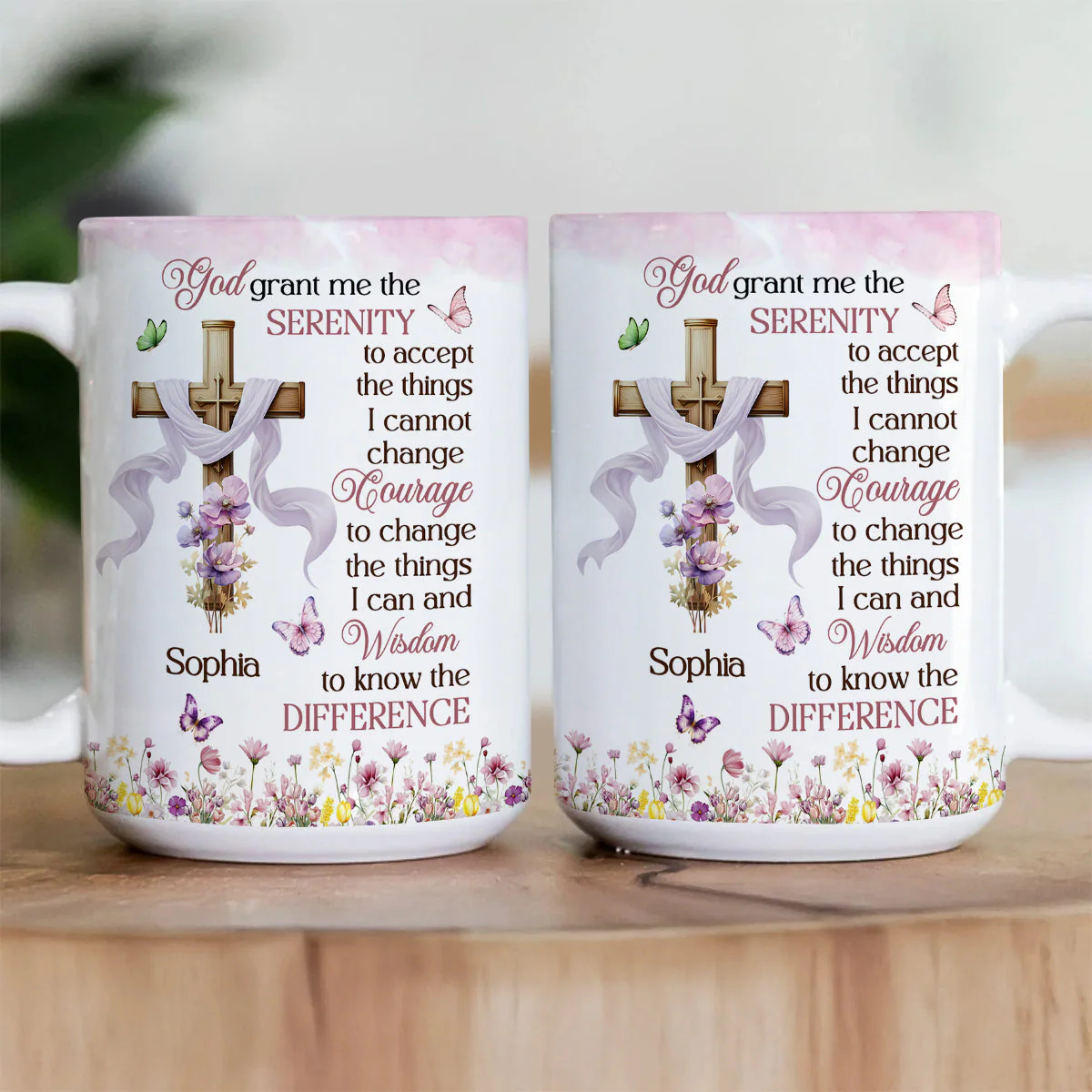 Serenity Prayer with Cross & Flowers - Personalized White Edge-to-Edge Mug - Christian Gift - Image 3