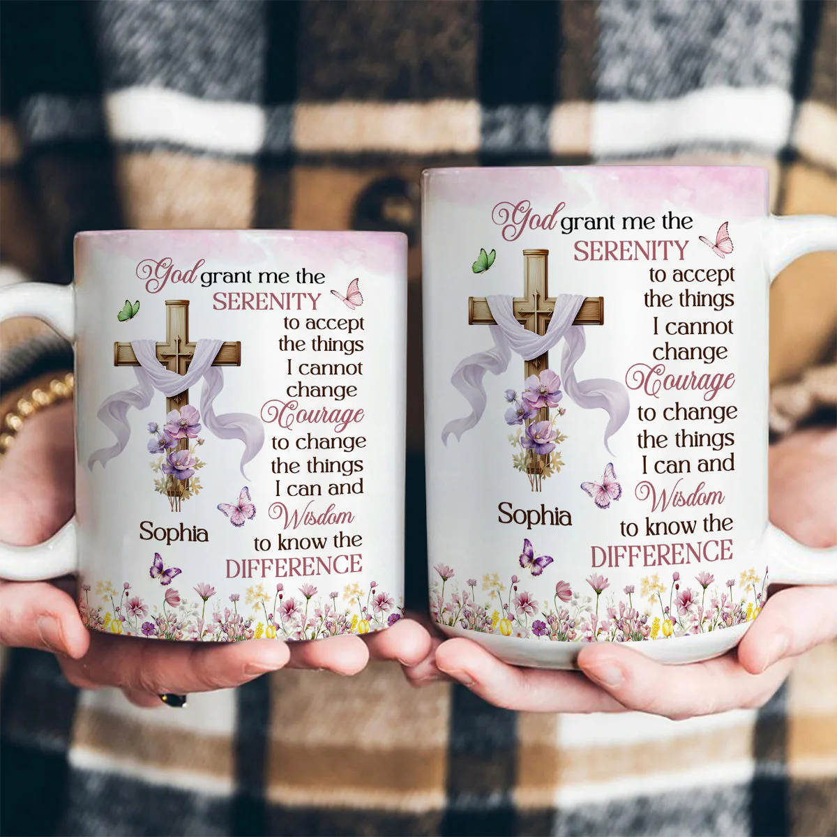 Serenity Prayer with Cross & Flowers - Personalized White Edge-to-Edge Mug - Christian Gift - Image 4