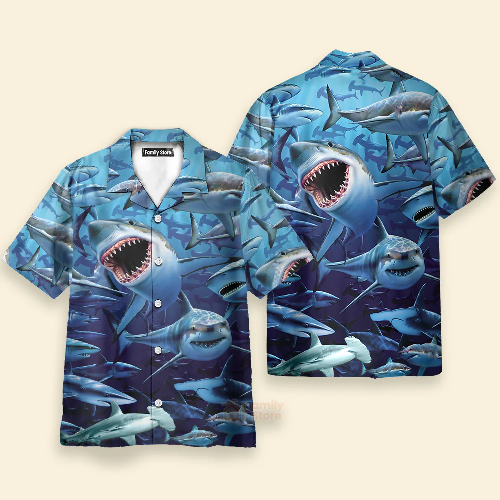 Shark Family Hunting Together Hawaiian Shirt - Image 2