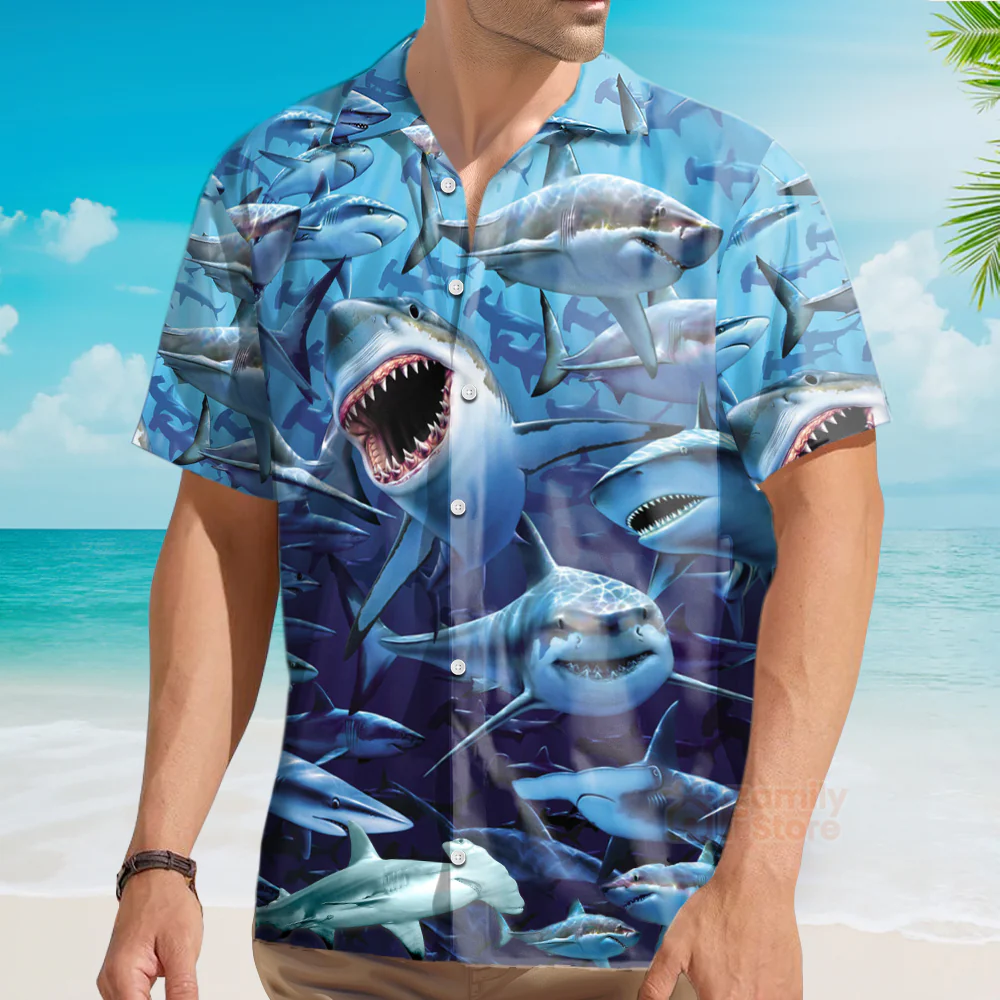 Shark Family Hunting Together Hawaiian Shirt - Image 3