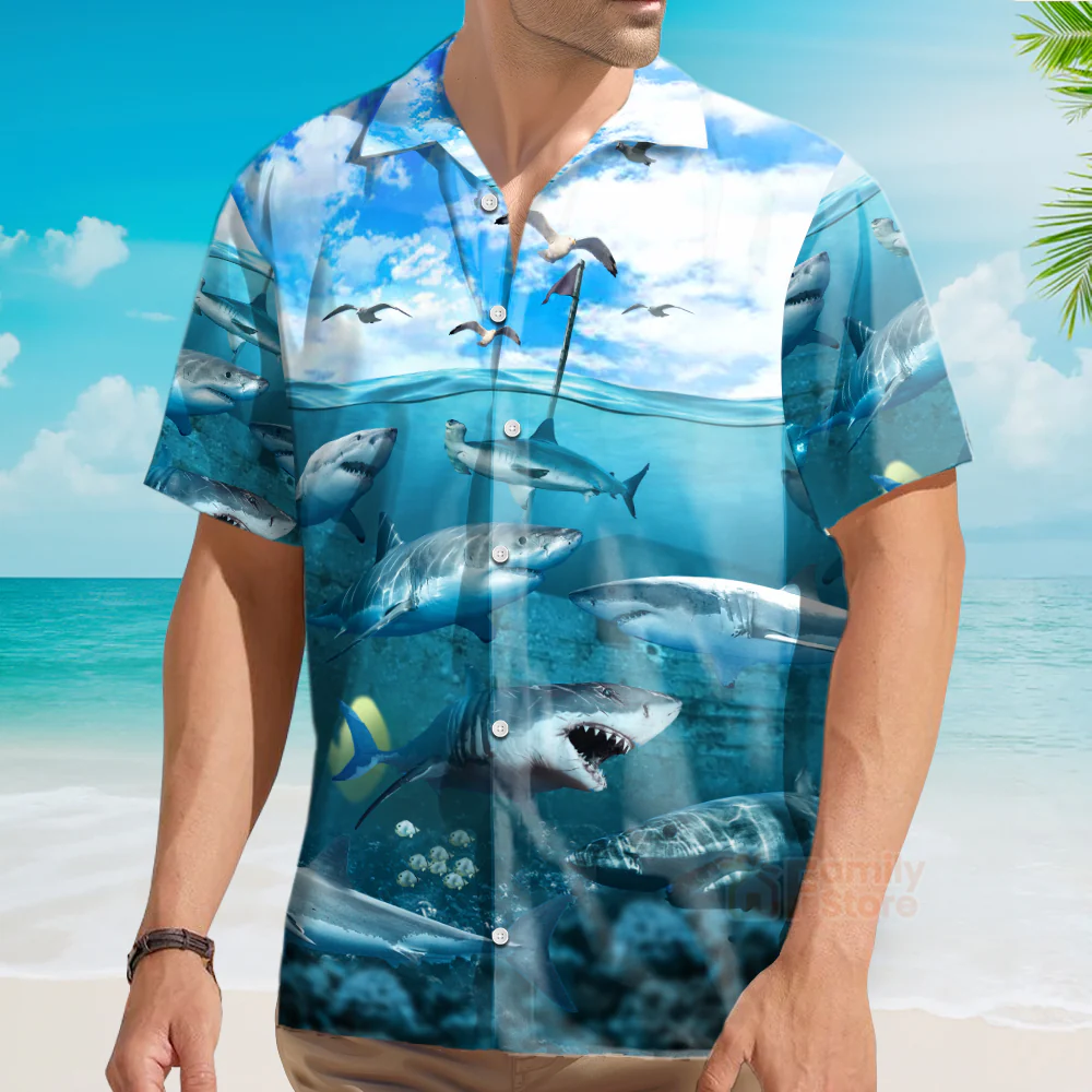 Shark Undersea Darkness Art Hawaiian Shirt - Image 3