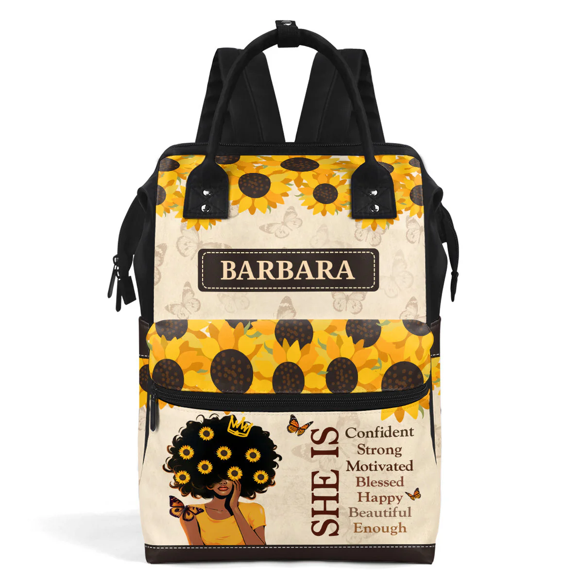 She Is Strong & Beautiful Sunflower Art - Personalized Duckbilled Backpack - Motivational Gift For Black Women HH01
