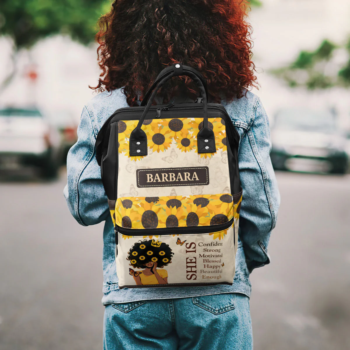 She Is Strong & Beautiful Sunflower Art - Personalized Duckbilled Backpack - Motivational Gift For Black Women HH01 - Image 3