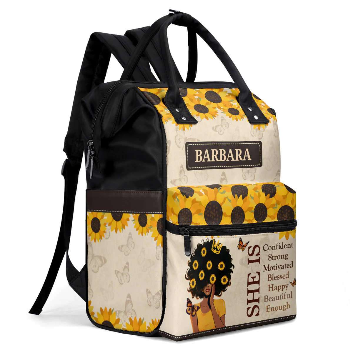 She Is Strong & Beautiful Sunflower Art - Personalized Duckbilled Backpack - Motivational Gift For Black Women HH01 - Image 5