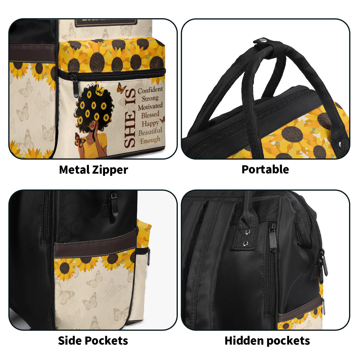 She Is Strong & Beautiful Sunflower Art - Personalized Duckbilled Backpack - Motivational Gift For Black Women HH01 - Image 6