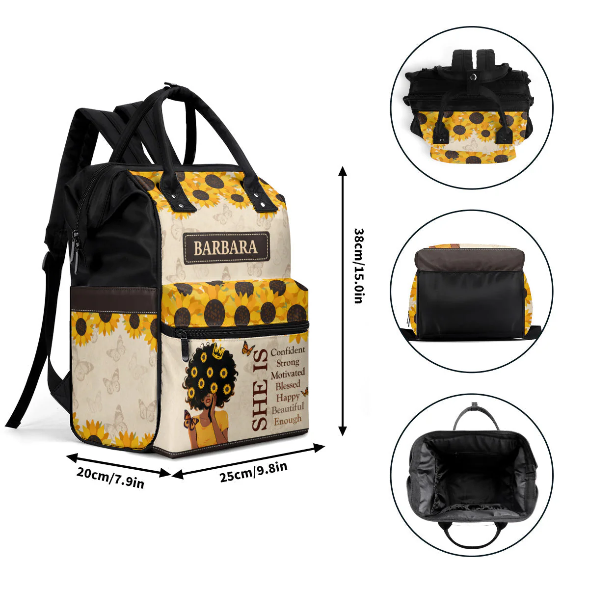 She Is Strong & Beautiful Sunflower Art - Personalized Duckbilled Backpack - Motivational Gift For Black Women HH01 - Image 7