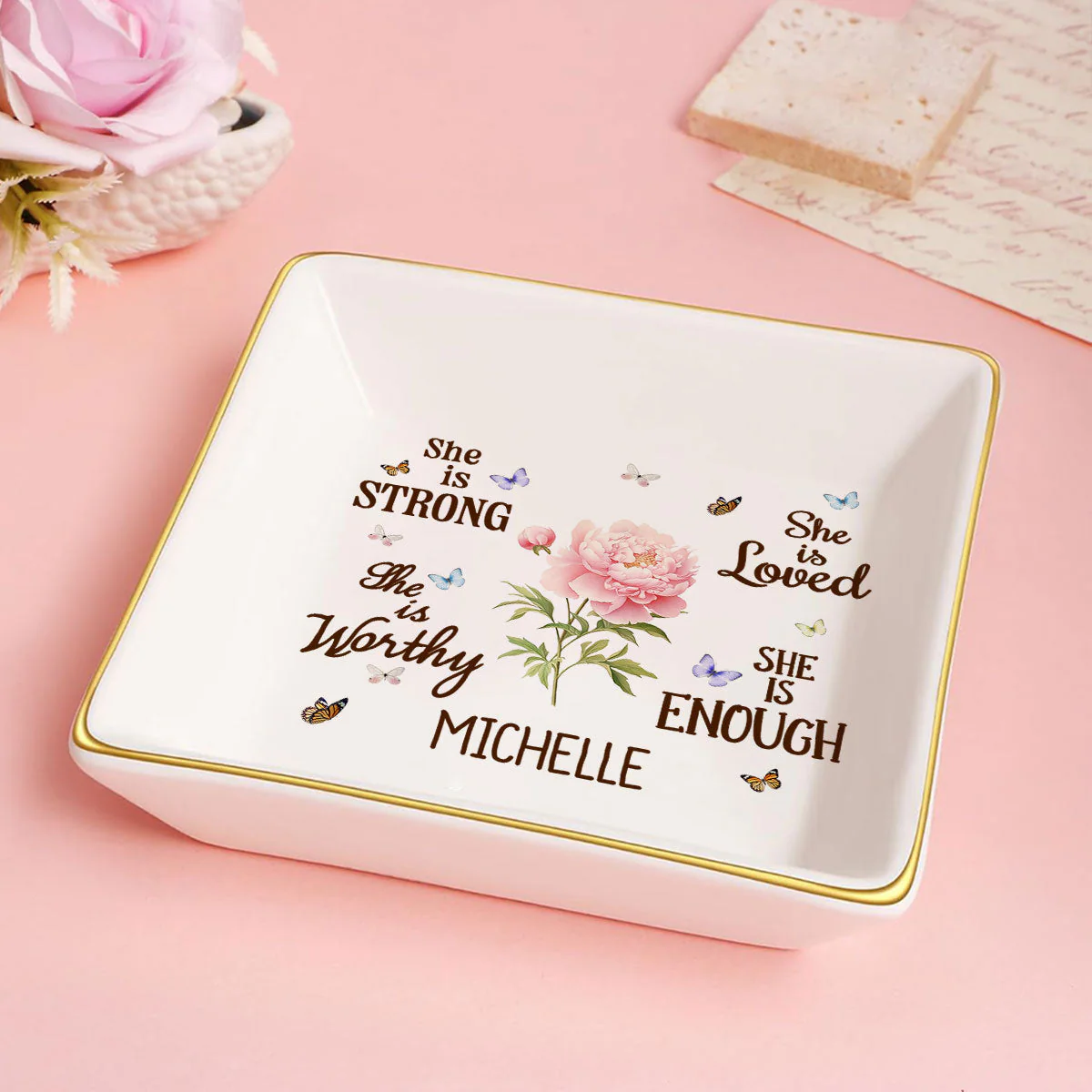 She Is Strong She Is Worthy She Is Loved She Is Enough - Personalized Jewelry Dish - Gift For Grandma, Mom, Girlfriend, Wife, Bestie, Sister - NH96 - Image 5