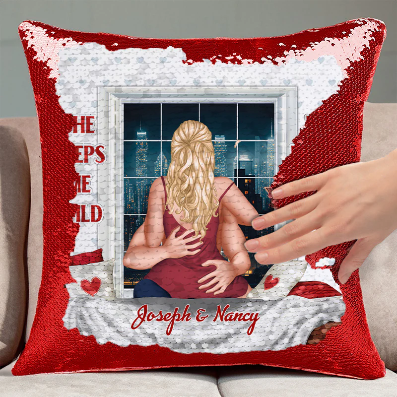 She Keeps Me Wild He Keeps Me Safe - Personalized  Sequin Pillow  - Gift For Couple, Husband Wife, Anniversary Gift|CL28 NA94 - Image 3