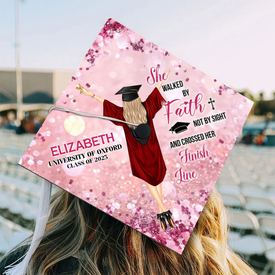 She Walked by Faith Grad Cap Topper - Custom Glitter Graduation Cap Decor | GR4 - Image 2