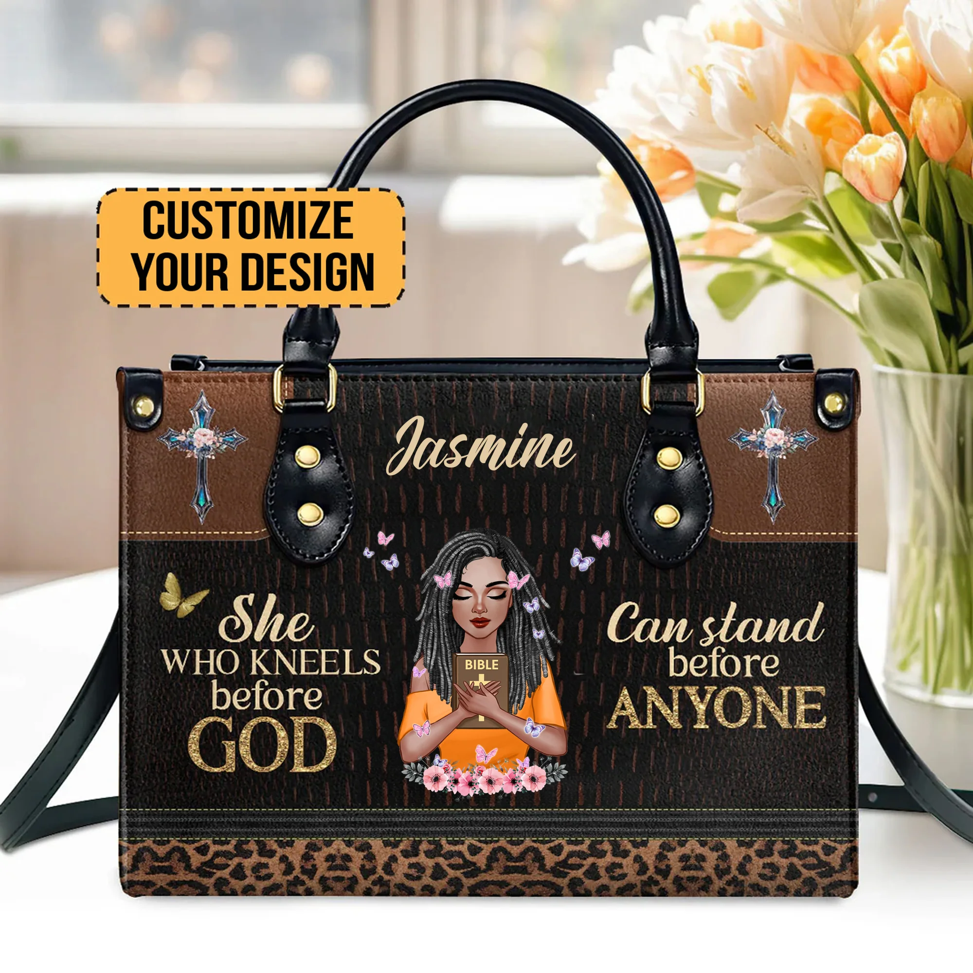 She Who Kneels Before God Can Stand Before Anyone - Personalized Leather Bag - Black African - CLGOD01 PT - Image 3