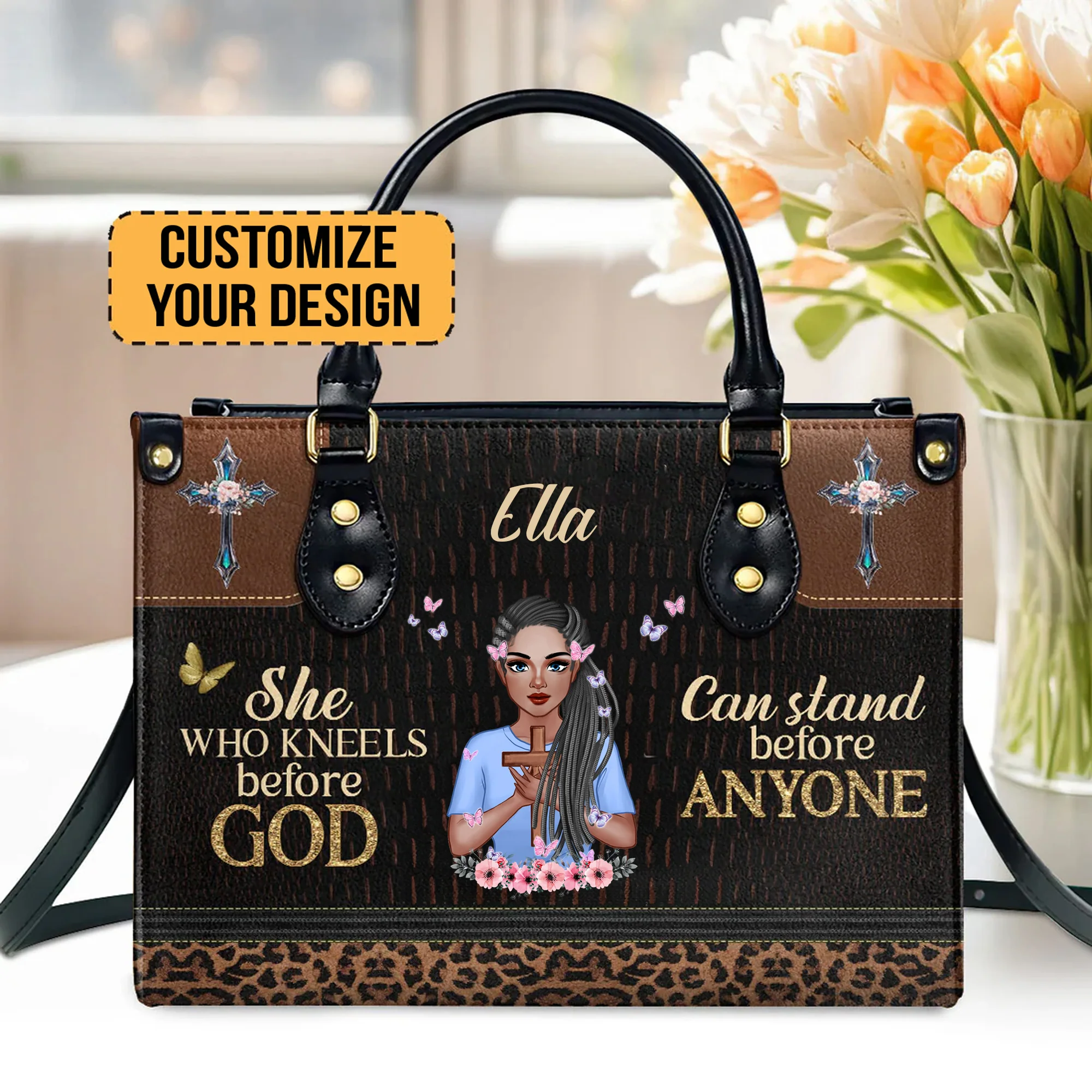She Who Kneels Before God Can Stand Before Anyone - Personalized Leather Bag - Black African - CLGOD01 PT - Image 4