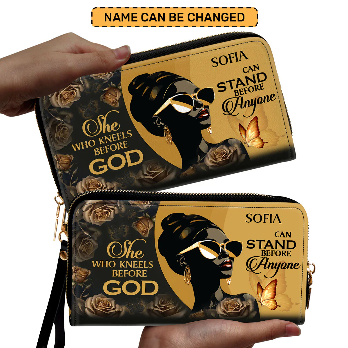 She Who Kneels Before God - Personalized Leather Clutch Purse - Christian Gift For Black Women