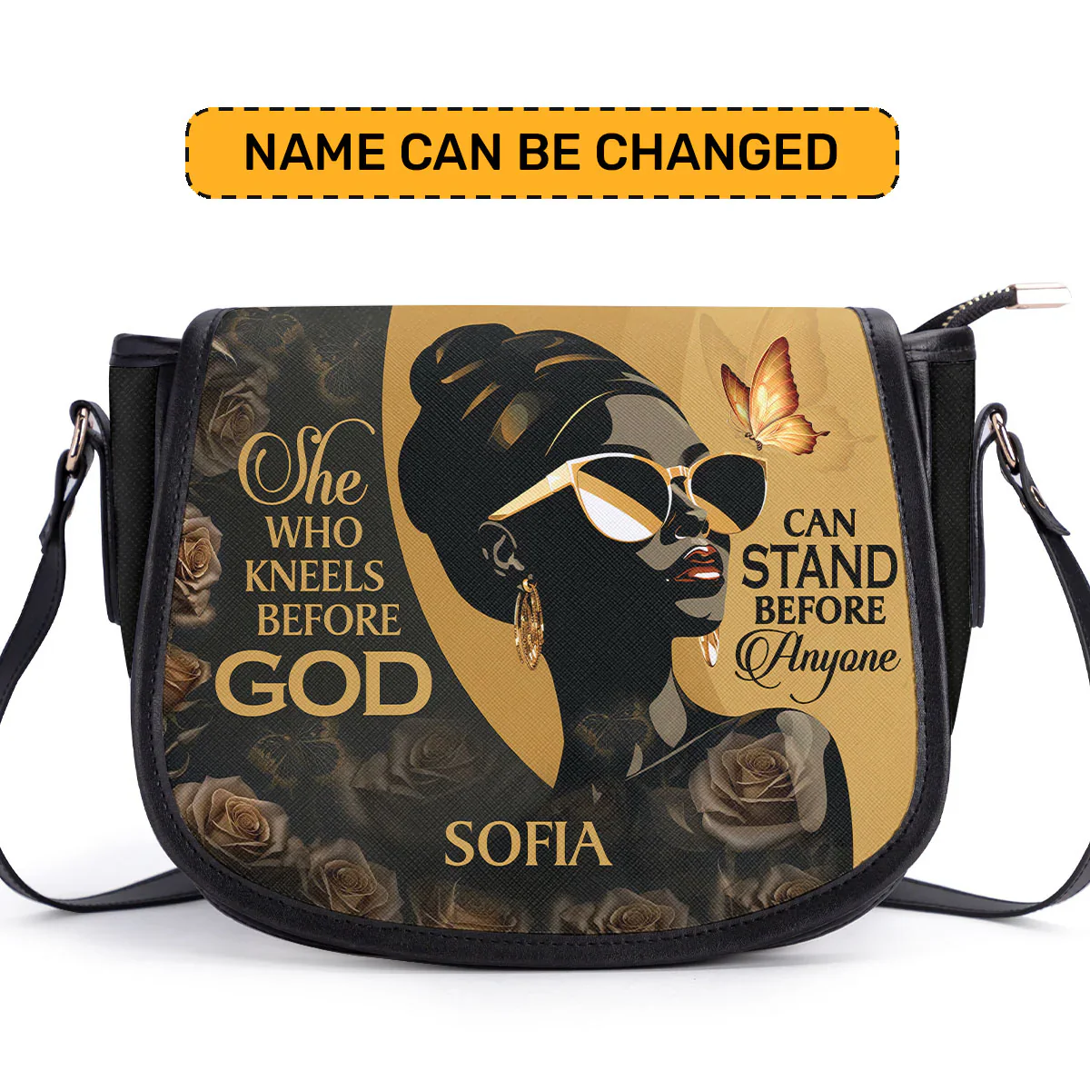 She Who Kneels Before God - Personalized Leather Saddle Cross Body Bag - Christian Gift For Black Women