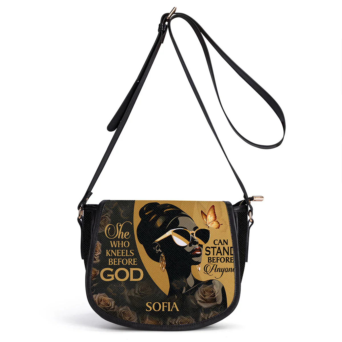She Who Kneels Before God - Personalized Leather Saddle Cross Body Bag - Christian Gift For Black Women - Image 2