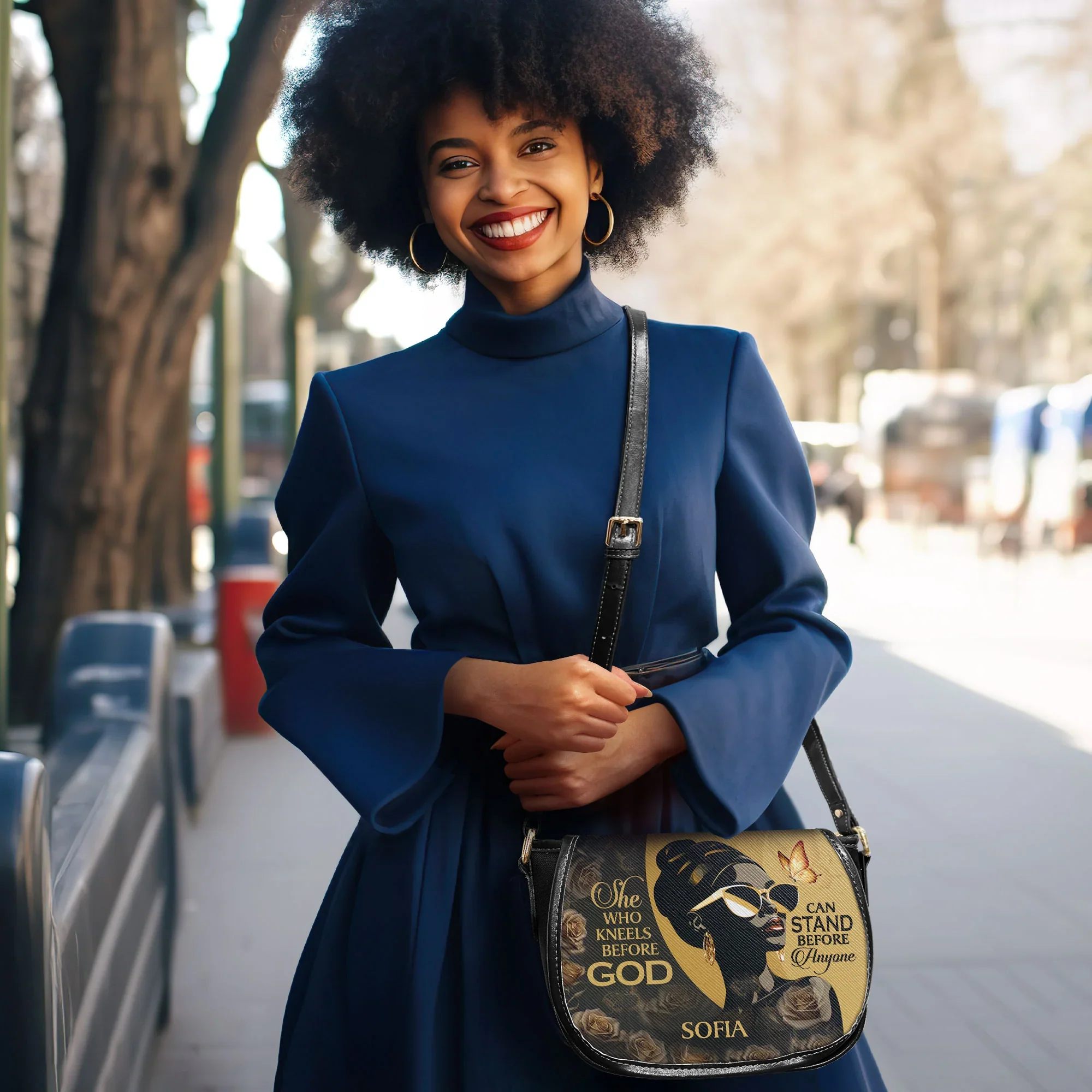 She Who Kneels Before God - Personalized Leather Saddle Cross Body Bag - Christian Gift For Black Women - Image 4