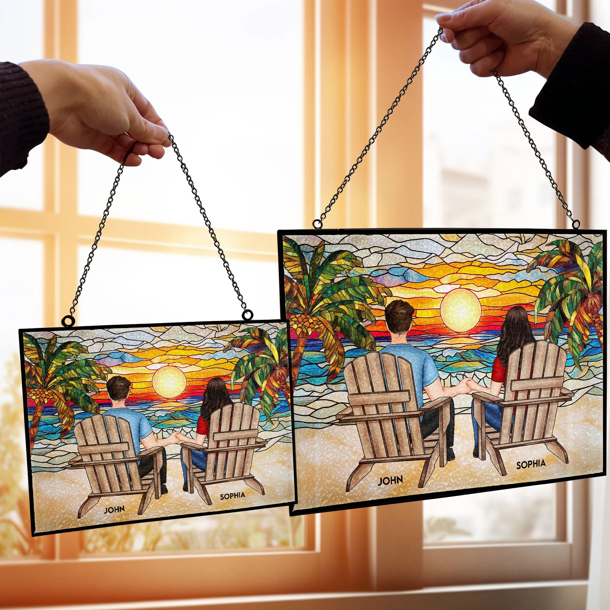 Sitting In The Beach And See The Sunset - Personalized Stained Glass Window Hanging Suncatcher - Gift For Couple | GR23 NA94 - Image 2