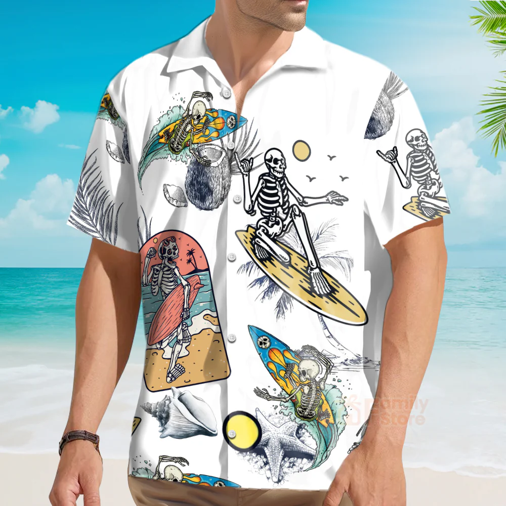 Skeleton Surfing Print Short Sleeve Button Down Shirt - Image 4