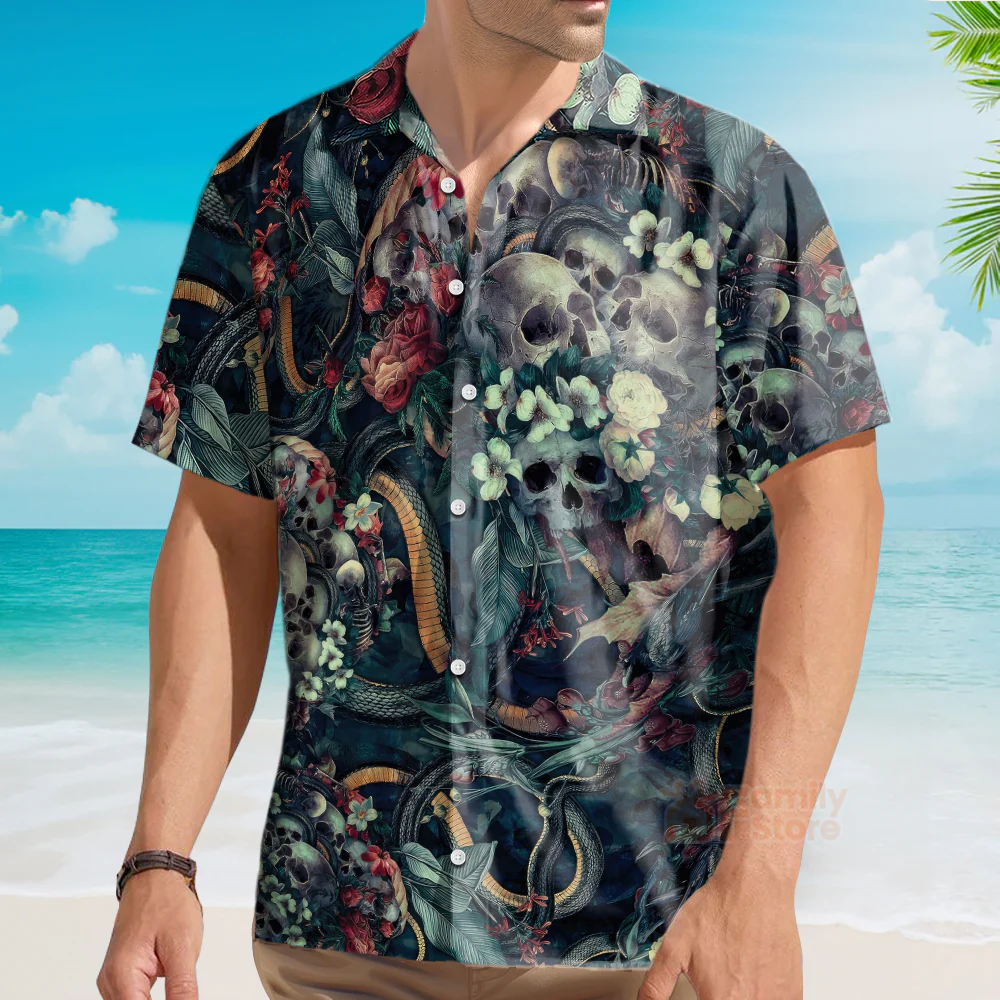 Skull Among The Mysterious And Eerie Flowers Hawaiian Shirt - Image 3