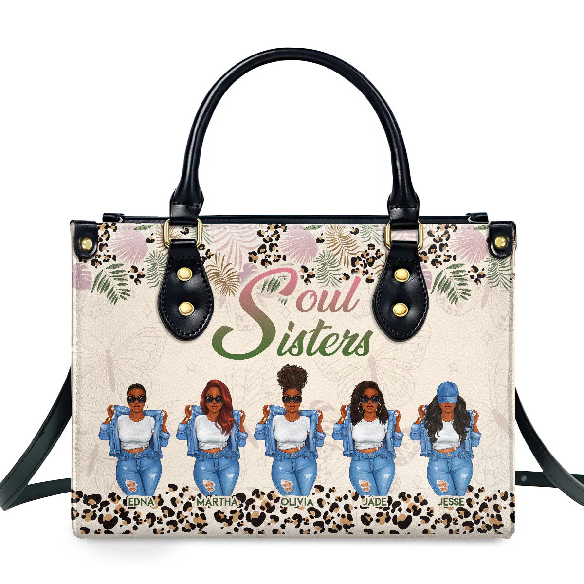 Soul Sisters Denim Style - Personalized African Leather Handbag - Gift For Best Friends, Sisters | GR3 HD95