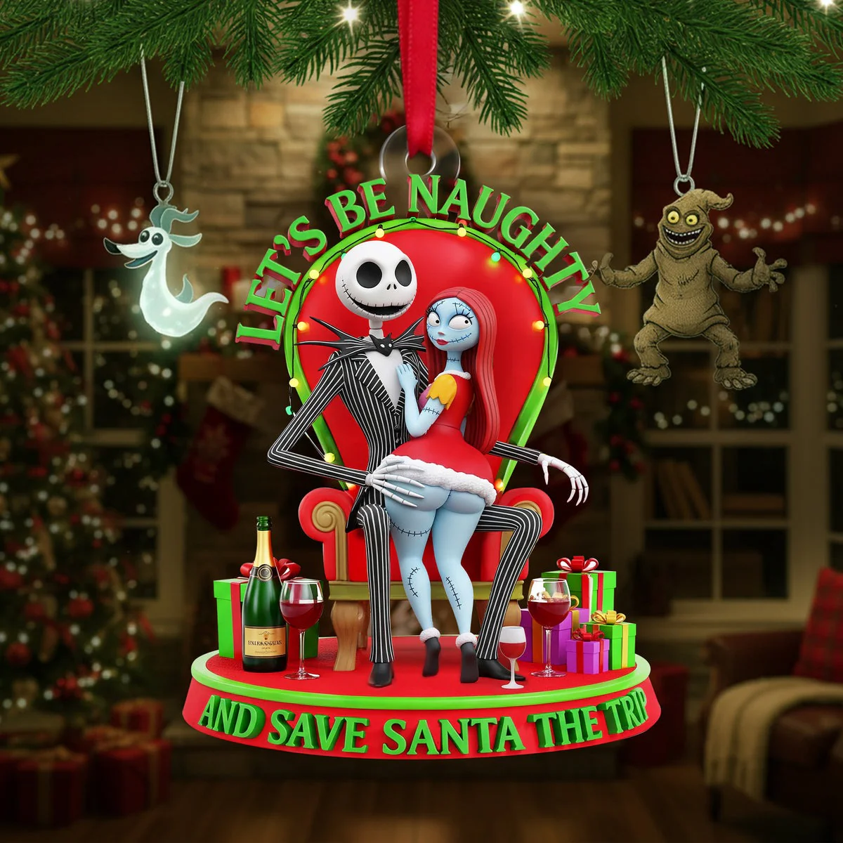 Spooky Couple Let's Be Naughty And Save The Santa Trip - Personalized Acrylic Ornament - Gift For Couples NL122 - Image 2