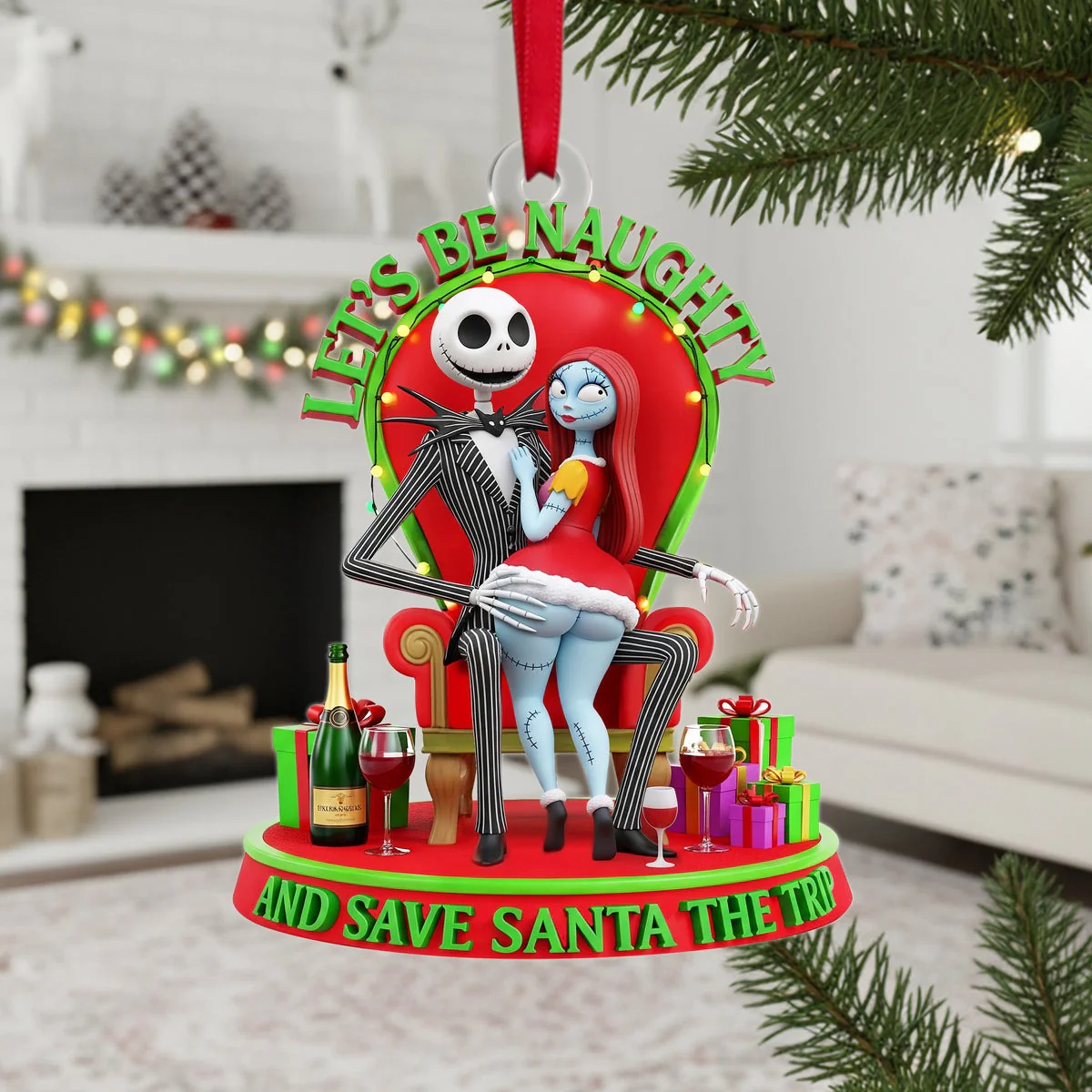 Spooky Couple Let's Be Naughty And Save The Santa Trip - Personalized Acrylic Ornament - Gift For Couples NL122 - Image 3
