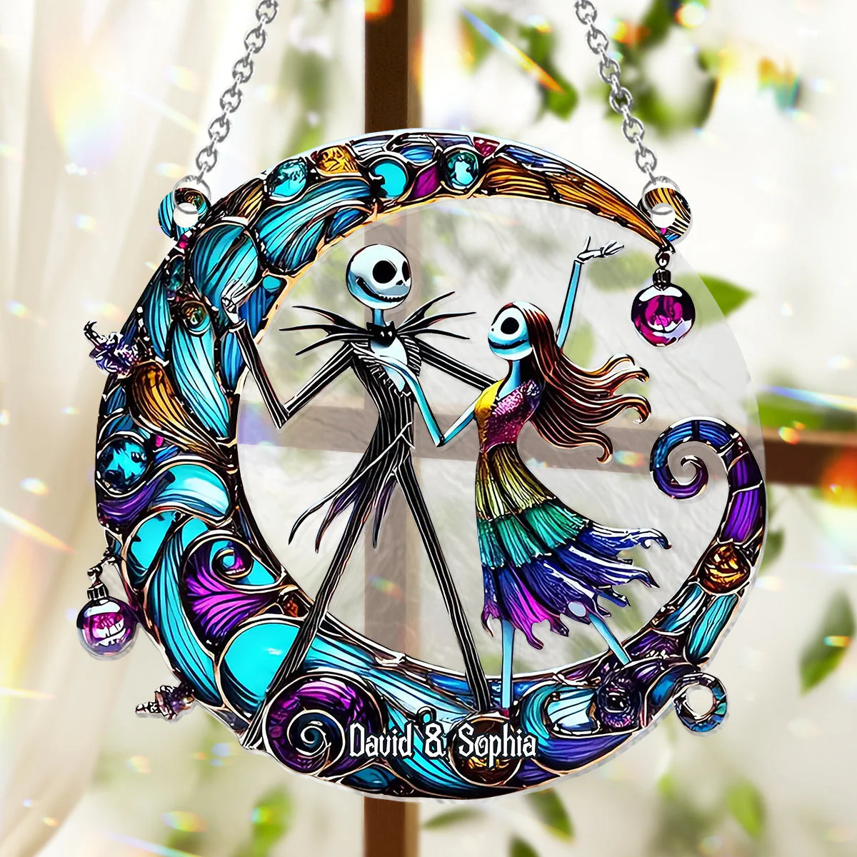Spooky Dancing With You Nightmare Couple - Personalized Window Hanging Suncatcher Ornament - Gifts For Couples NA94 - Image 2