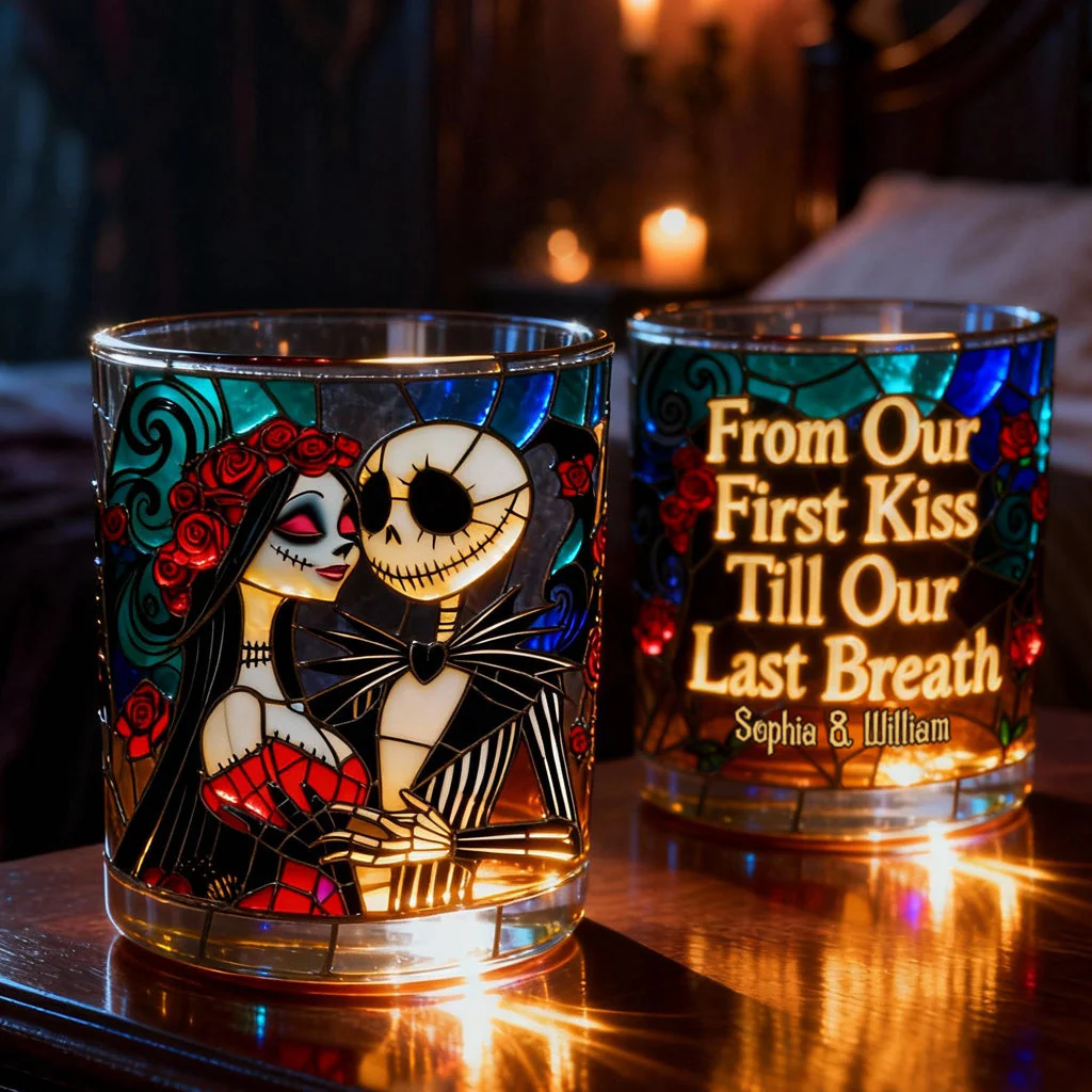 Spooky From Our First Kiss Till Our Last Breath - Personalized Whiskey Glass - Gift For Horror Lovers, Couples NL122