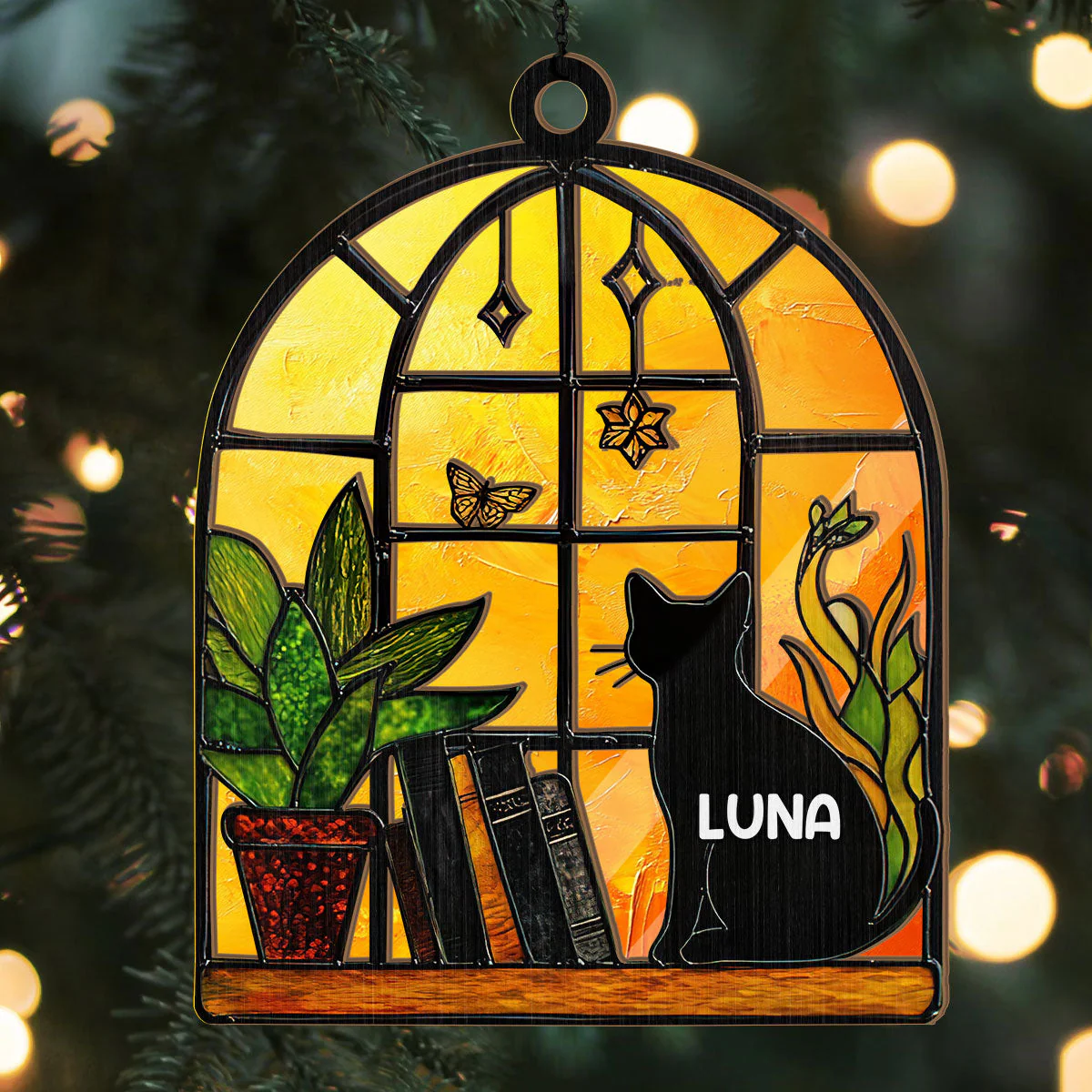 Stained Glass Black Cat And Book - Personalized Window Hanging Suncatcher - Image 5