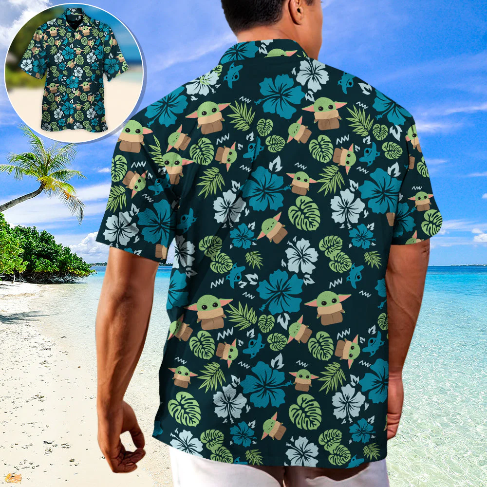 Starwars The Mandalorian Grogu Baby Yoda Leaves Hawaiian Shirt - Image 2