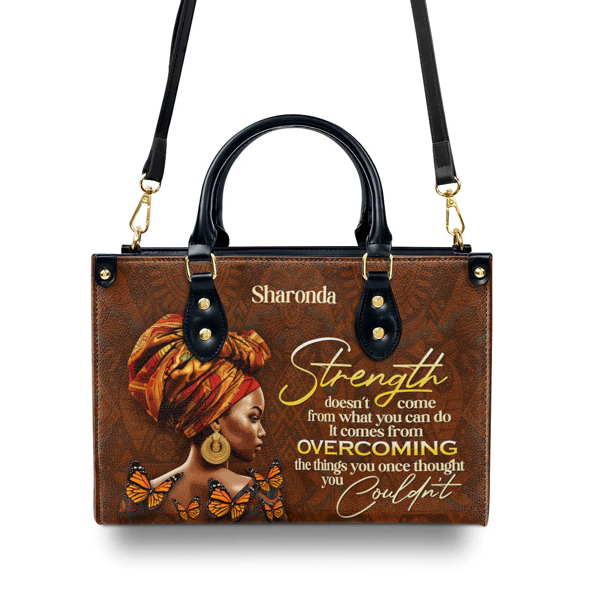 Strength Overcoming Afro Butterfly - Personalized Leather Handbag - Empowerment Gift For Her | HD95 - Image 4