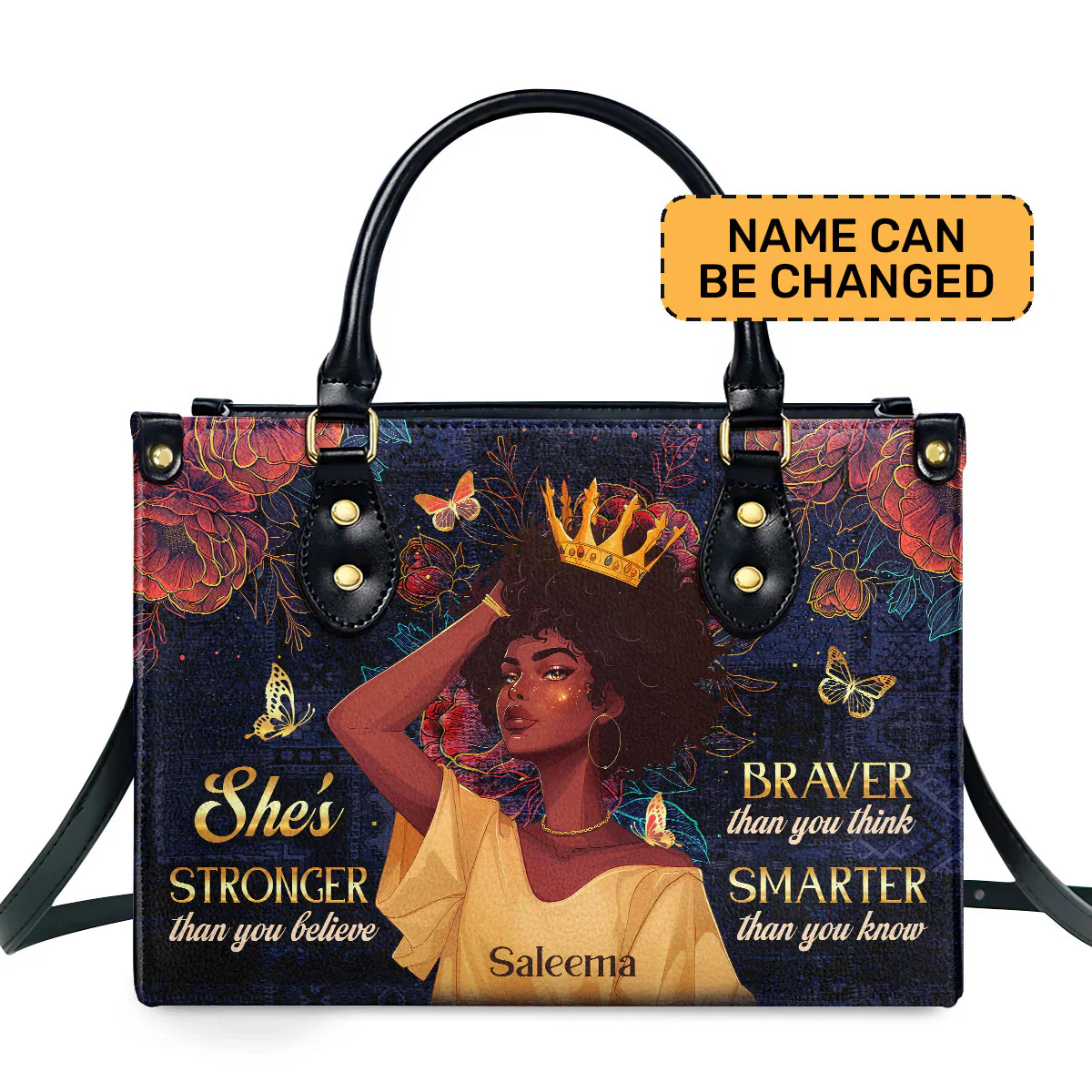 Stronger Than You Believe - Personalized Black Queen Leather Handbag - Gift For Women | HD95