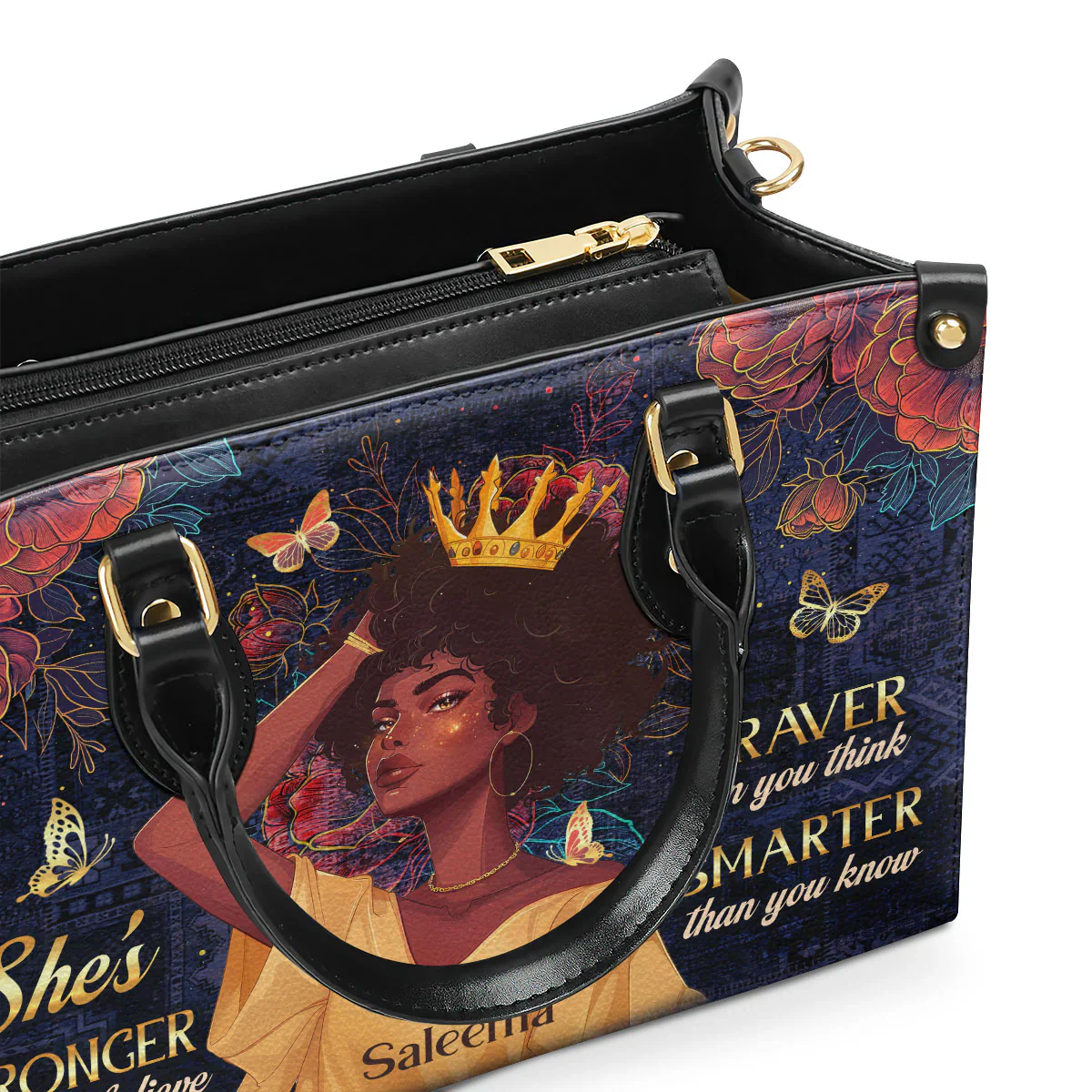 Stronger Than You Believe - Personalized Black Queen Leather Handbag - Gift For Women | HD95 - Image 4