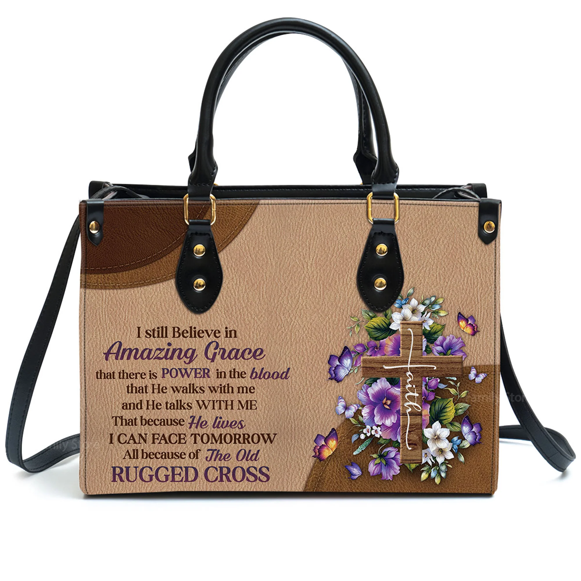 Stunning Floral Cross I Still Believe In Amazing Grace - Awesome Personalized Leather Handbag - AT4081433 - Image 2