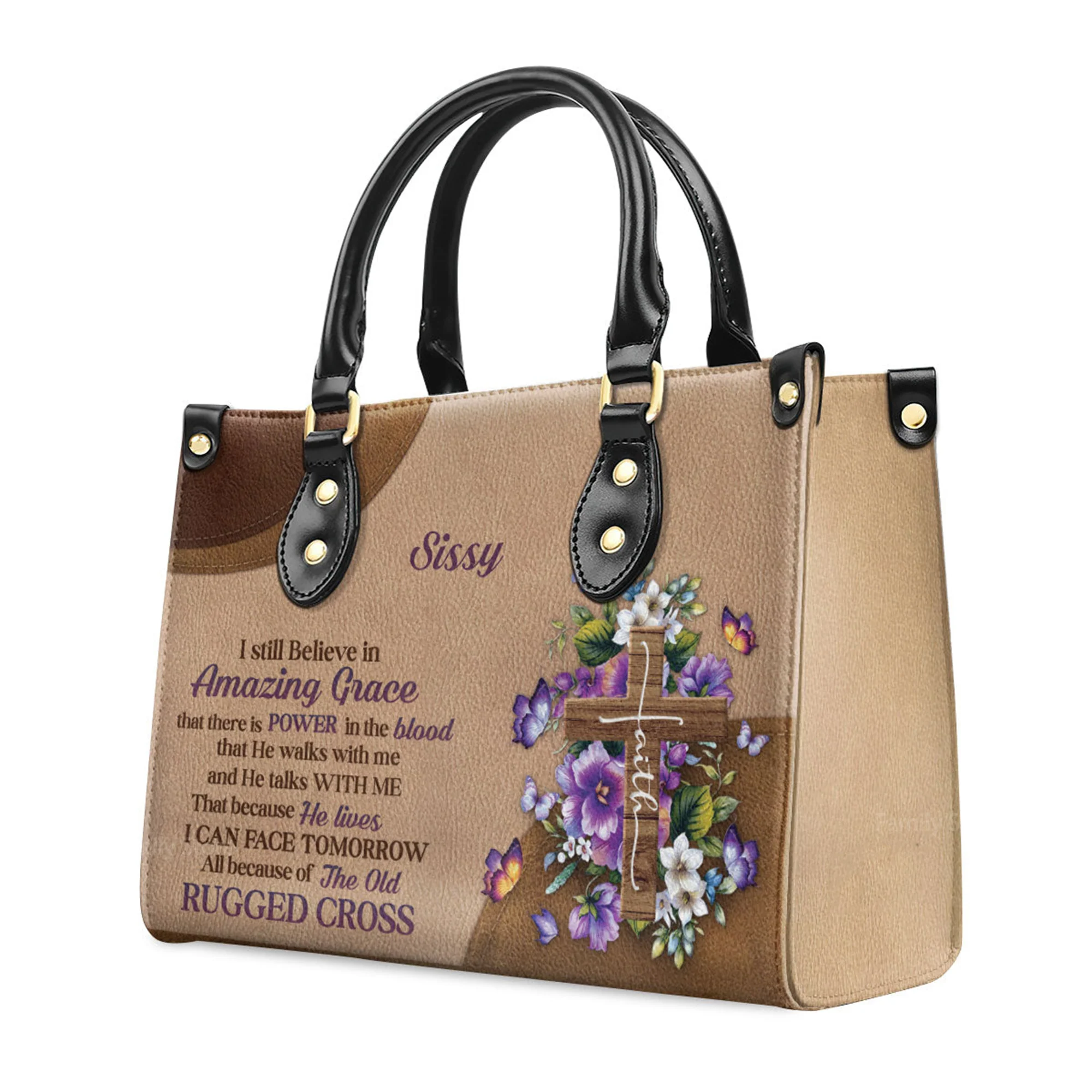 Stunning Floral Cross I Still Believe In Amazing Grace - Awesome Personalized Leather Handbag - AT4081433 - Image 3