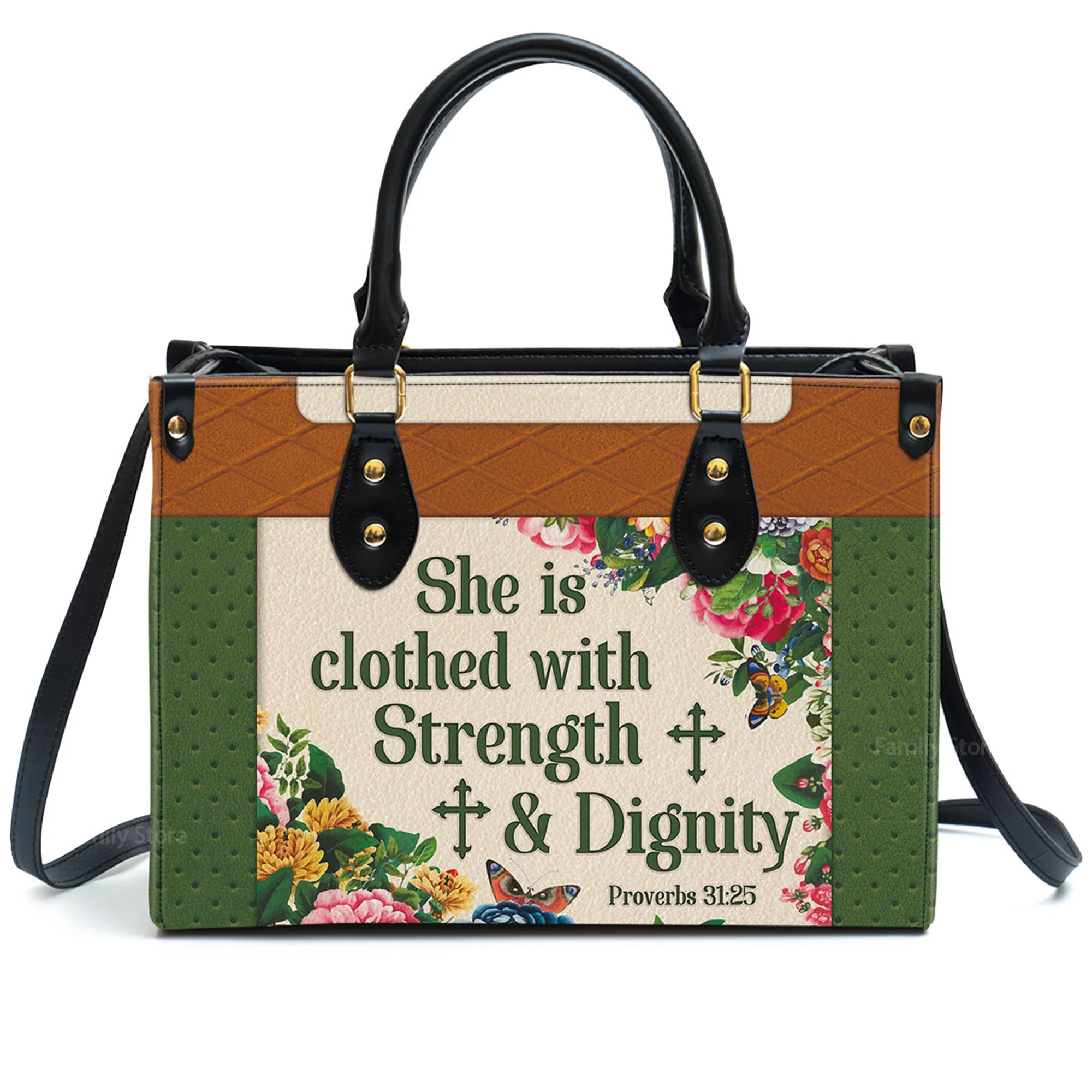 Stunning Flower She Is Clothed With Strength And Dignity - Scripture Gifts For Women Of God - Personalized Leather Handbag With Handle - AT4081434 - Image 2