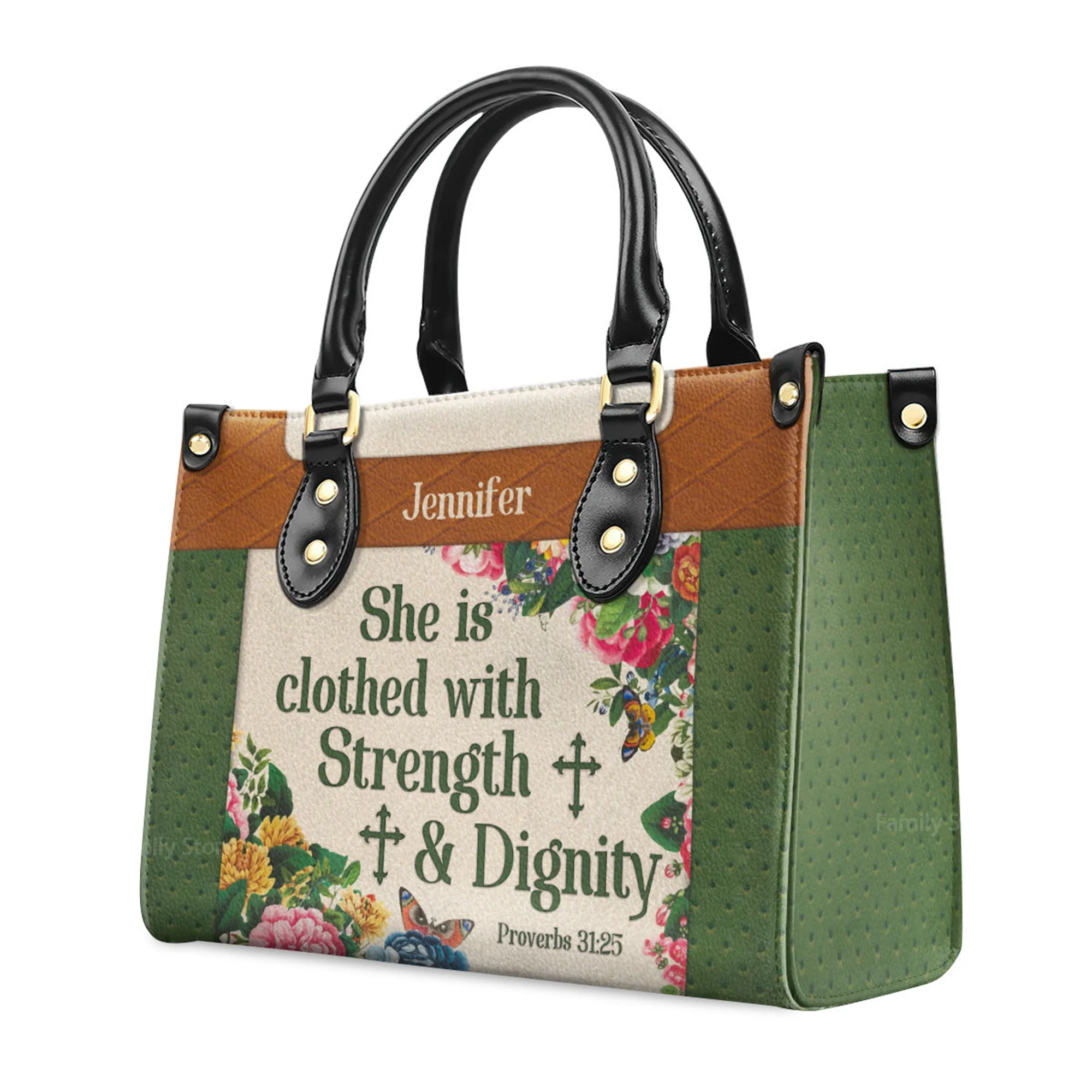 Stunning Flower She Is Clothed With Strength And Dignity - Scripture Gifts For Women Of God - Personalized Leather Handbag With Handle - AT4081434 - Image 3